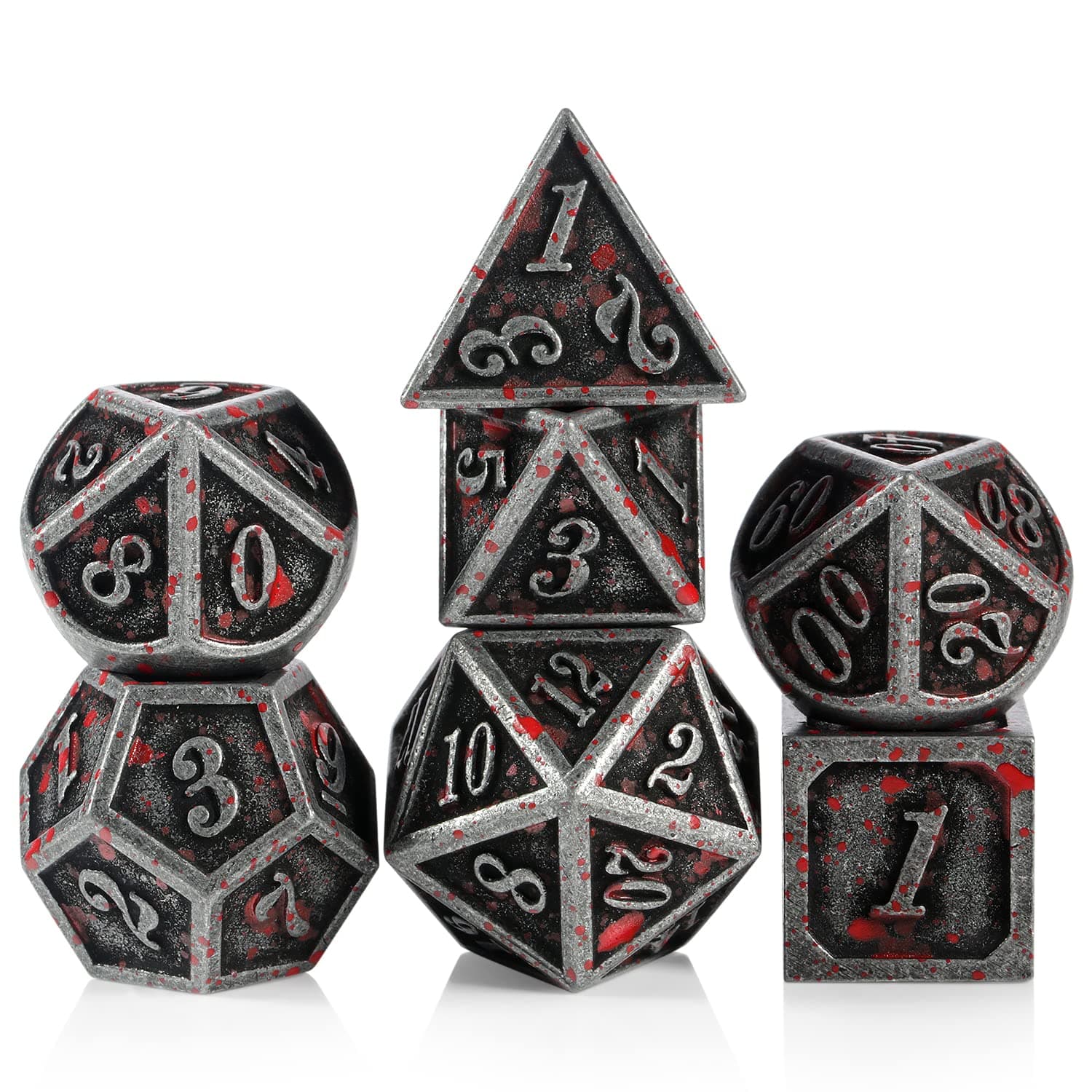 Acient Silver Bloodstained Metal Dice Set DND, DNDND 7PCS Metallic Halloween Die with Metal Case for Dungeons and Dragons Tabletop Games