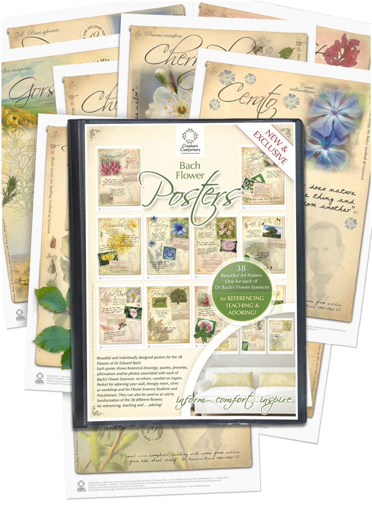 Creature Comforters 38 FLOWER POSTERS SET for Bach Essences Remedy Beautifully Illustrated A4. FREE Display Book