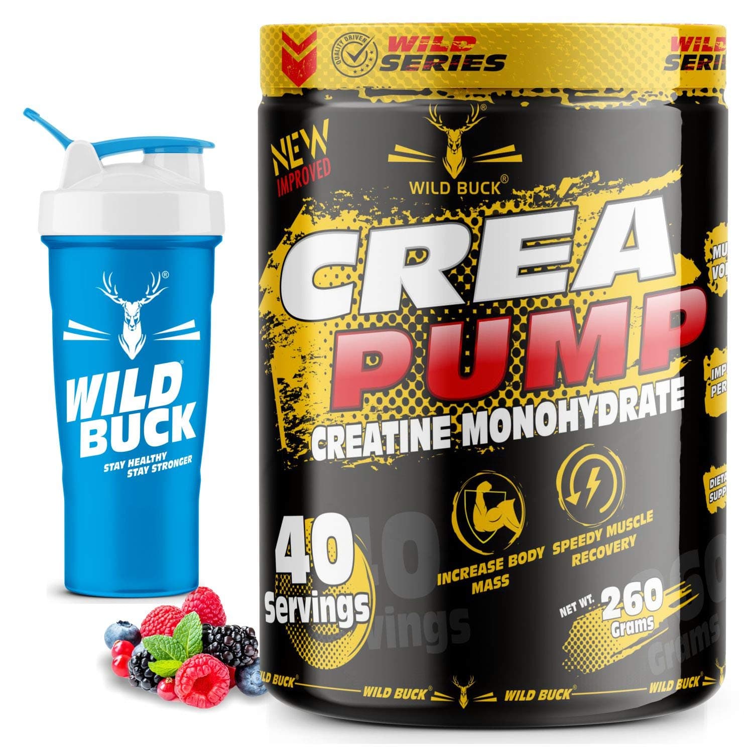 WILD BUCK Crea Pump Zero Sugar, Zero Carbs, Zero Calories Pure Creatine Monohydrate Powder with Free Shaker Bottle (Pack of 40 Servings, Wild Berries)