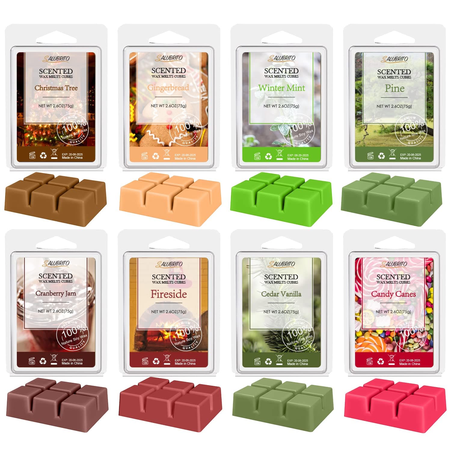 Salubrito Winter Scented Wax Melts, Strong Scented Soy Wax Cubes - Cedar Vanilla, Gingerbread, Winter Mint, Cranberry Jam, Pine, Fireside, Christmas Tree, Candy Canes, Variety Gift Set, 8x2.5oz