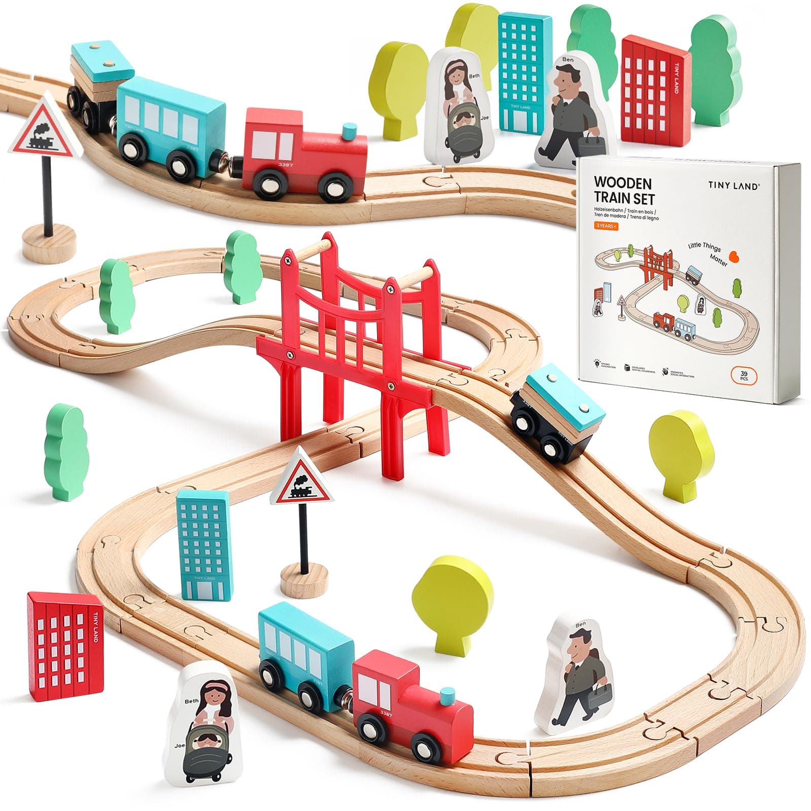 Wooden Train Set Starter 39-Piece Track Pack with Bridge Fits Thomas Brio Chuggington, Engine & Passenger Car, Kids Friendly Building & Construction | Expandable, Changeable | Fun for Girls & Boys