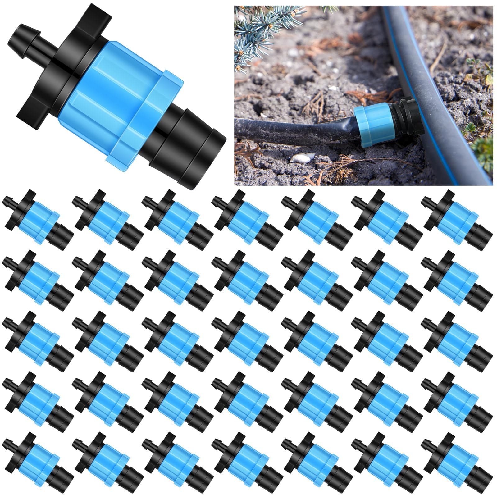 Frienda 50 Pcs Drip Irrigation Kit, 1/4" Barb for 5/8" Drip Tape, Twist Locks, Blue PP Plastic, Suitable for Gardens, Landscaping
