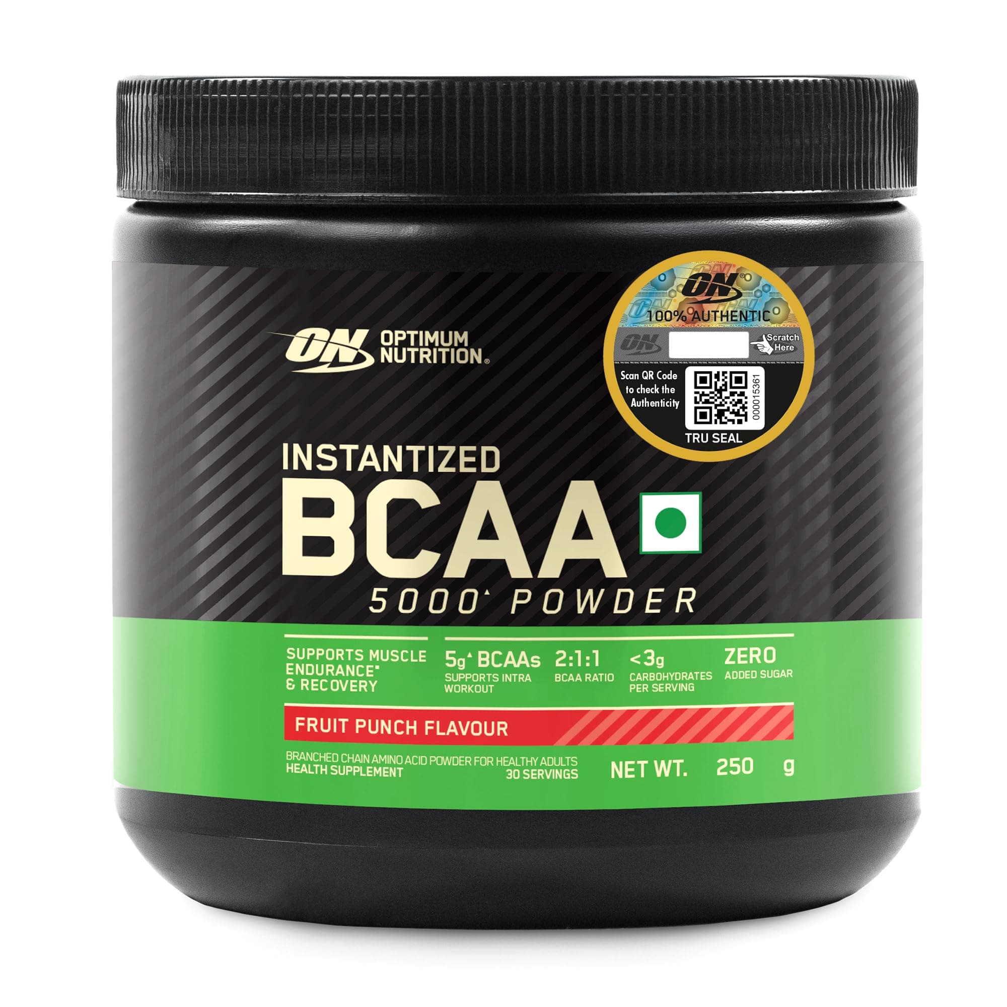 Optimum Nutrition BCAA, 5g BCAAs in 2:1:1 Ratio, 30 servings, For Muscle Recovery & Endurance, Intra workout, Informed Choice certified (250gm, Fruit Punch)