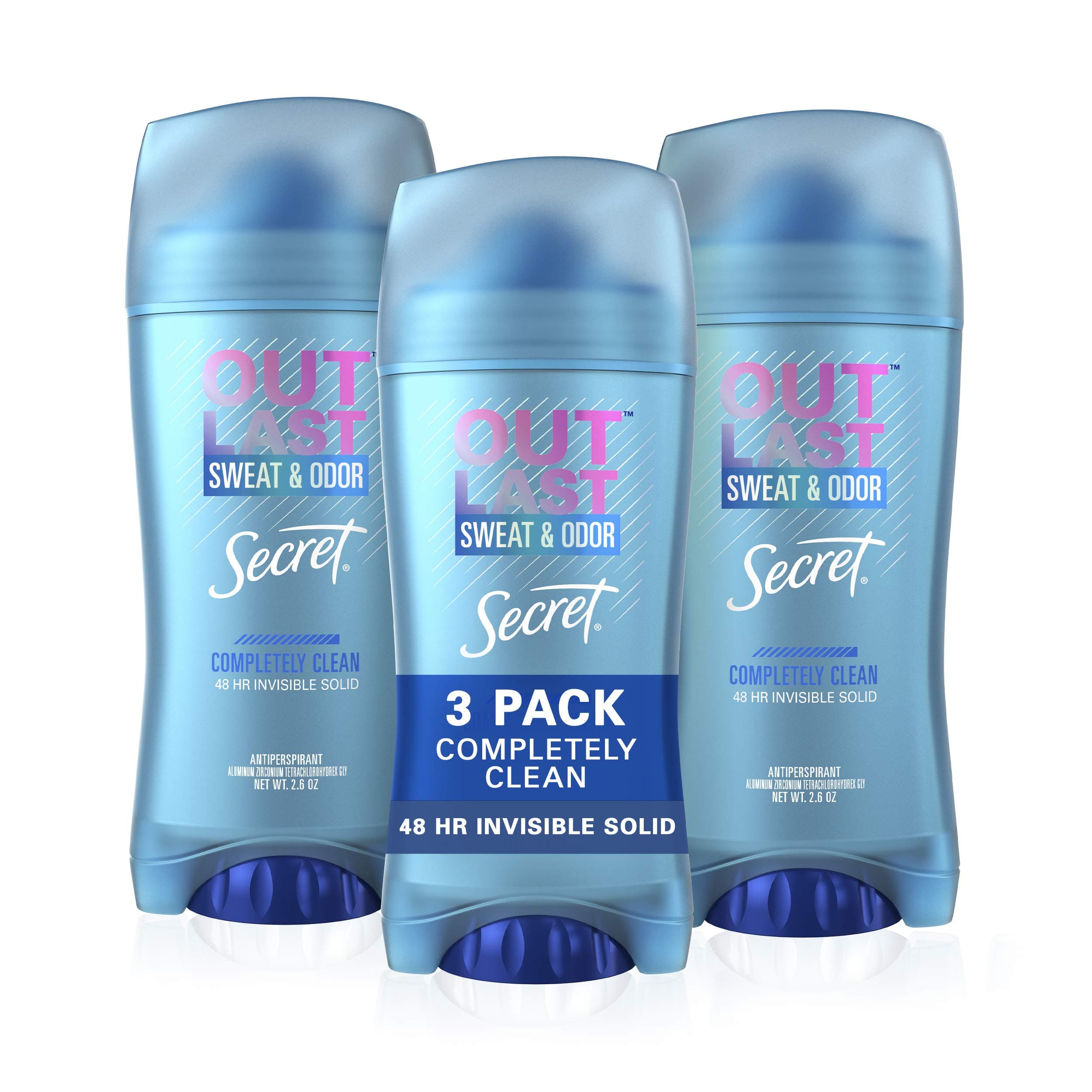 Secret Outlast Invisible Solid Antiperspirant Deodorant for Women, Completely Clean, 2.6 oz, pack of 3