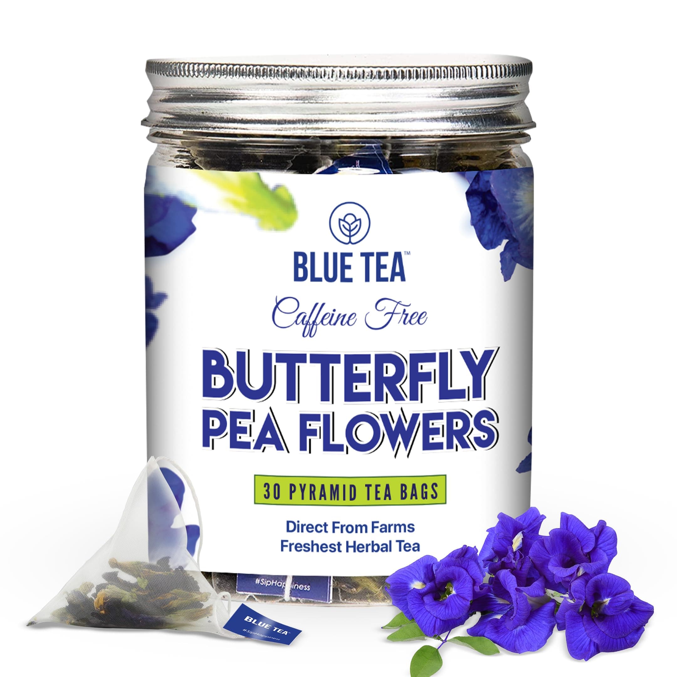 Butterfly Pea Flower Tea - 30 Count - Plant Based Tea Bag | ANTIOXIDANT RICH | Flower Based - Herbal Tea - Caffeine Free - Detox Tea - Non-Bitter | Reusable Pet Jar Pack