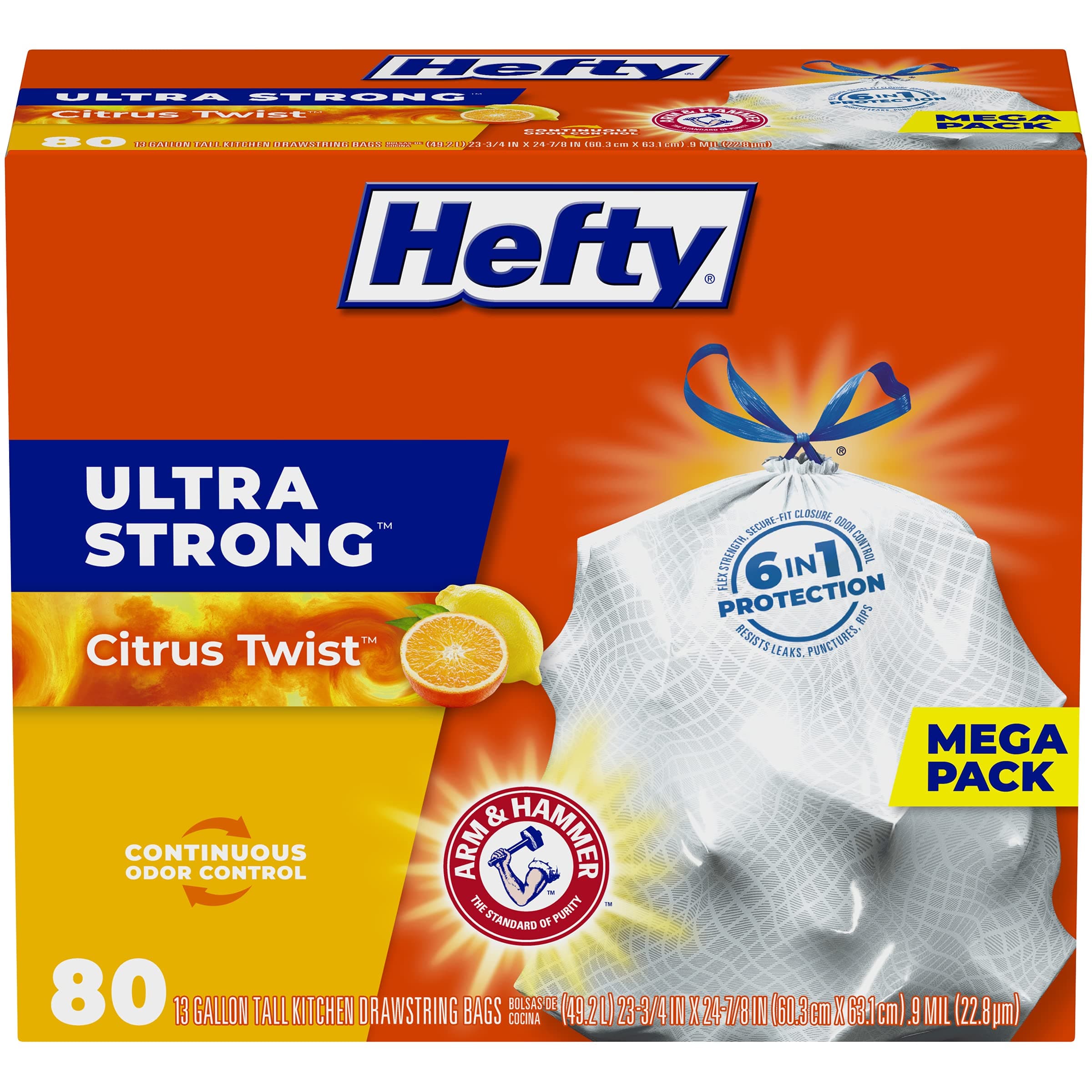 Hefty Ultra Strong 13 Gallon Trash Bags, Tall Kitchen Trash Bags 13 Gallon Size, Drawstring Closure, Continuous Odor Control, White, Citrus Twist Scent, 80 Bags