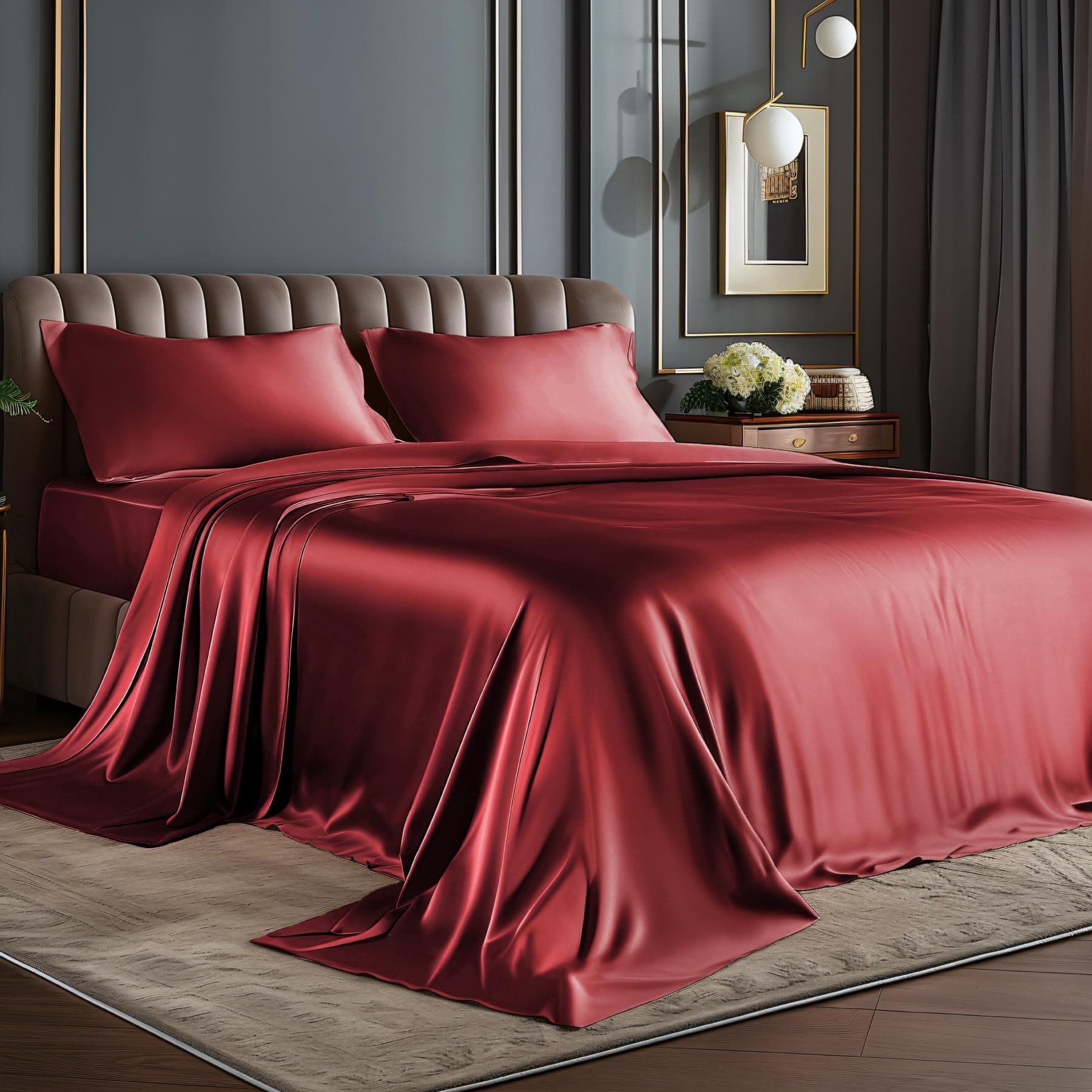 BEDELITE Satin Sheets Full Size Bed Set, Luxury Soft Burgundy Silky Sheet for Hair and Skin, Similar to Silk Bed Sheets Set 4 Pieces with 1 Deep Pocket Fitted Sheet, 1 Flat Sheet, and 2 Pillowcases