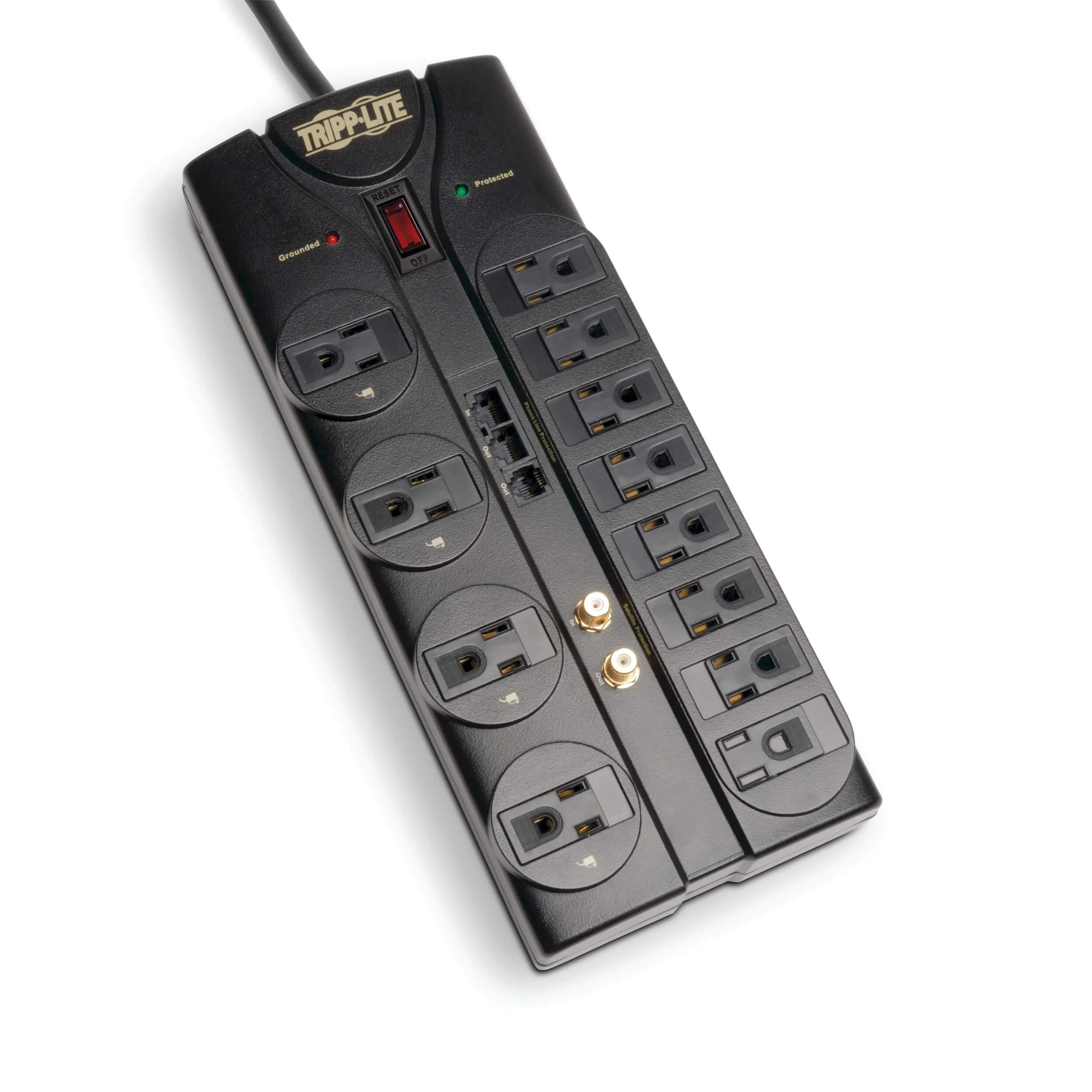 Tripp Lite12 Outlet Surge Protector Power Strip, 8ft Cord, Right-Angle Plug, Tel/Modem/Coax/Ethernet Protection, RJ11, RJ45, 250,000 INSURANCE (TLP1208SAT)