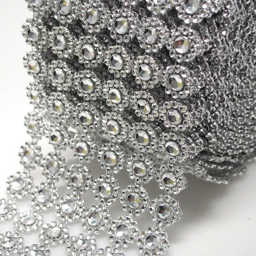 Silver Flower Diamond Mesh Wrap Roll Rhinestone Crystal Ribbon 4.5" x 10 Yards