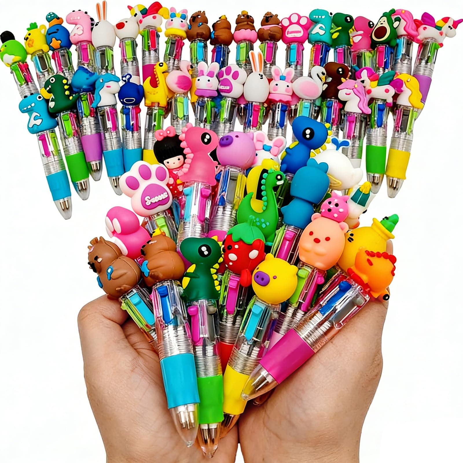 XIAONAN 50PCS Mini Pens with Box Multicoloured Pens All in One Cartoon 4-Color Ballpoint Pen Party Bag Fillers for Office School Supplies Classroom Gifts