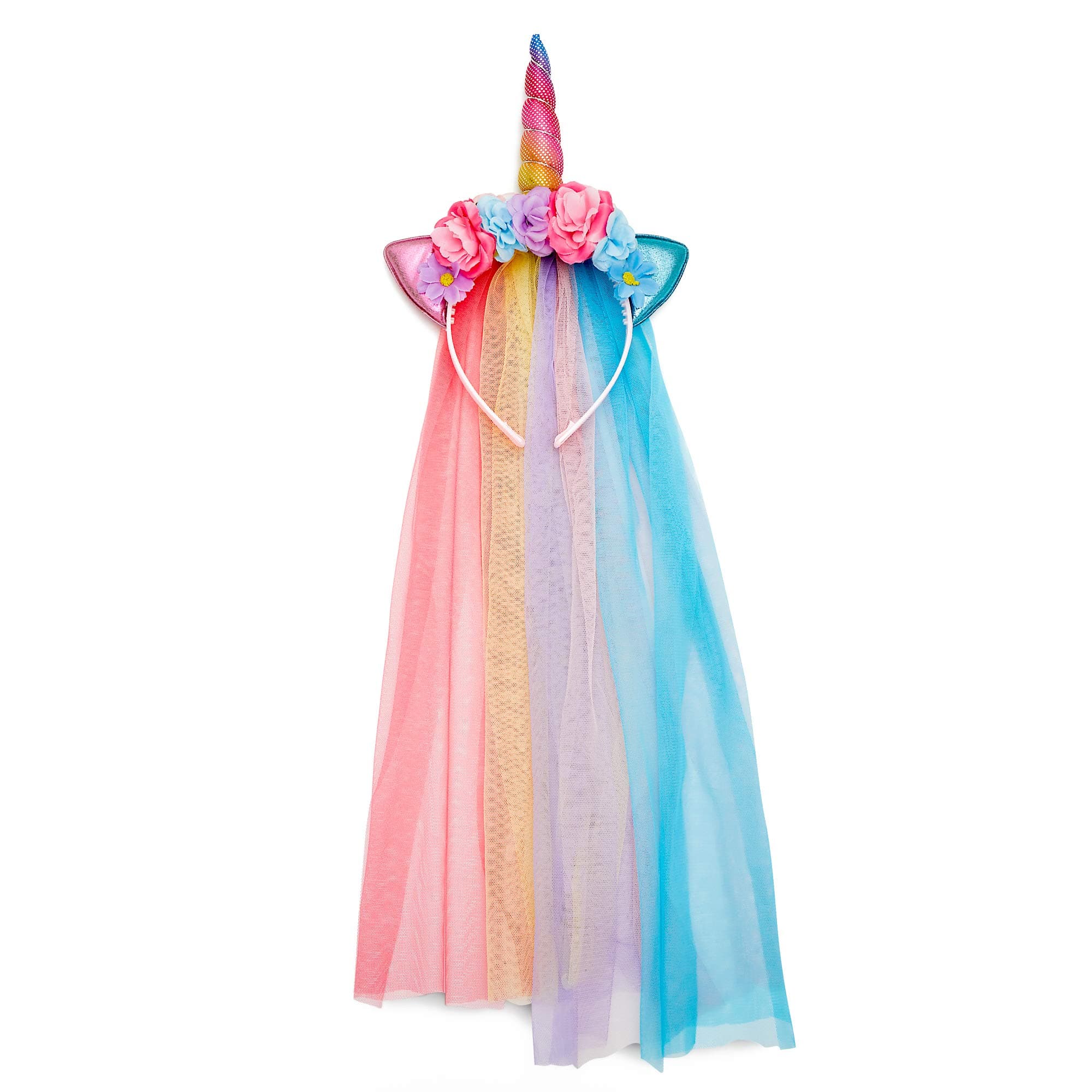 Rainbow Headband With Tulle Mane Featuring A Rainbow Horn, Pastel Cat Ears, and Flowers