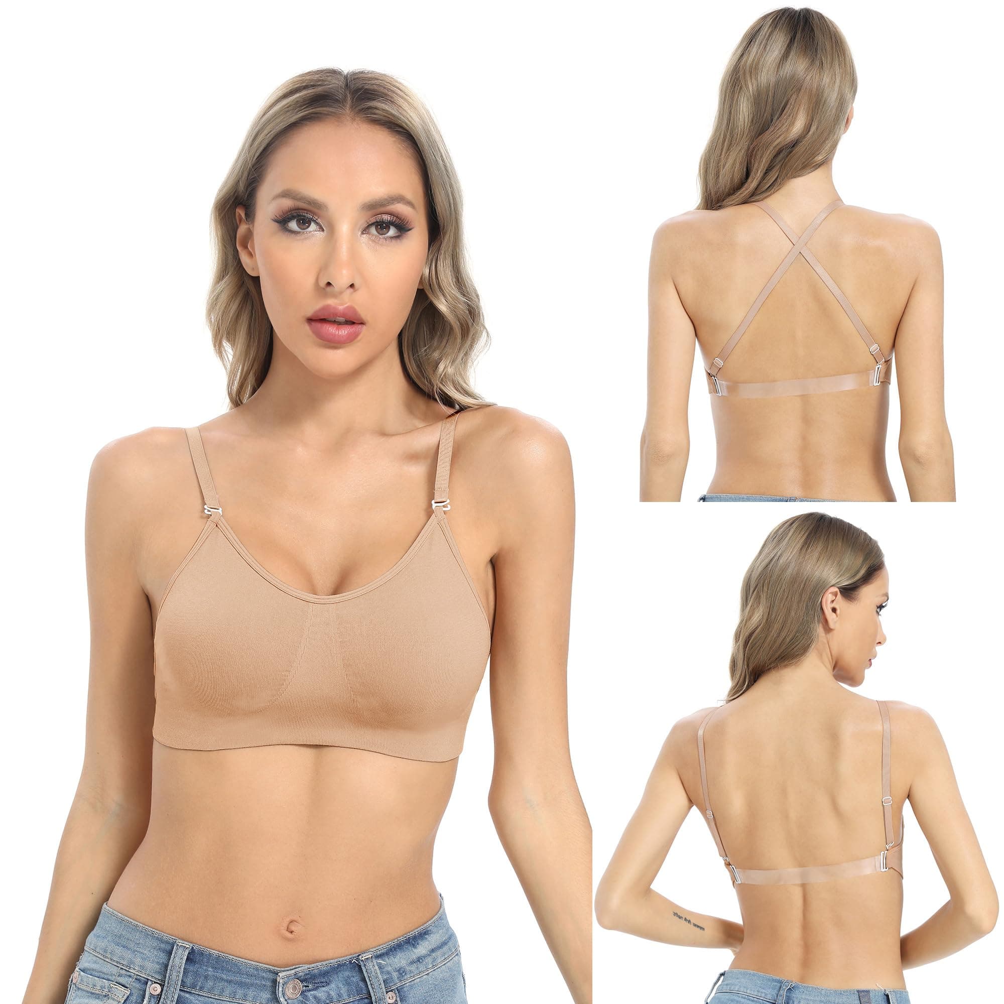 OBICUM Backless Clear Back Bra Convertible Wireless Dance Bra Unpadded Adjustable Straps Low Back Bra Bidge XL