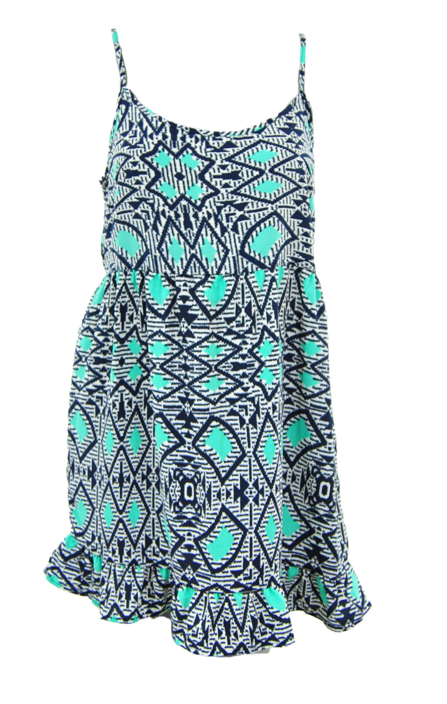ONE CLOTHING Aztec Tribal Boho Chic Loose Flowy Ruffled Beach Casual Dress, XS