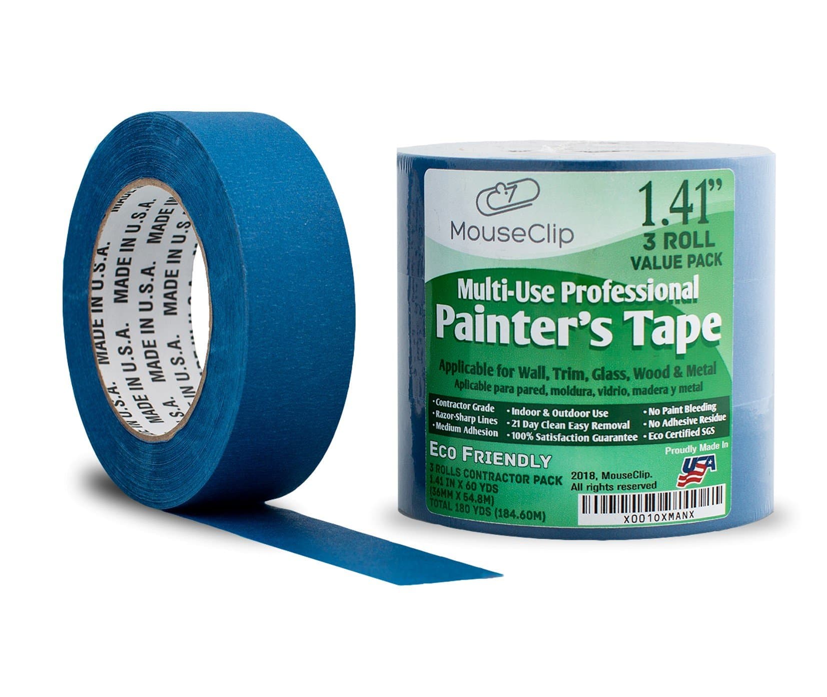 3 Pack Painters Tape, Professional Blue Tape for Multi Surfaces, Eco Friendly 21 Day Clean Easy Removal, Contractor Grade Masking Tape, Package of 3 Rolls 1.41" x 60 YD (36MM x 54.8M)