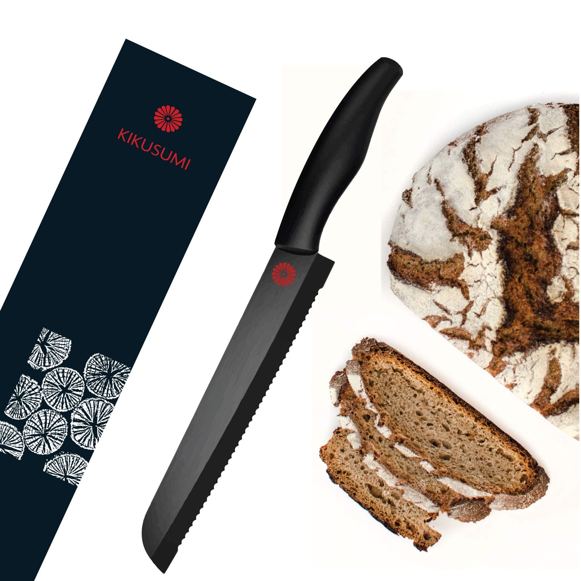 Bread Knife Set + Black Ceramic Blade - 8 inch Serrated Knife + Luxury Magnetic Gift Box + 1 Custom Knife Sheath (black)