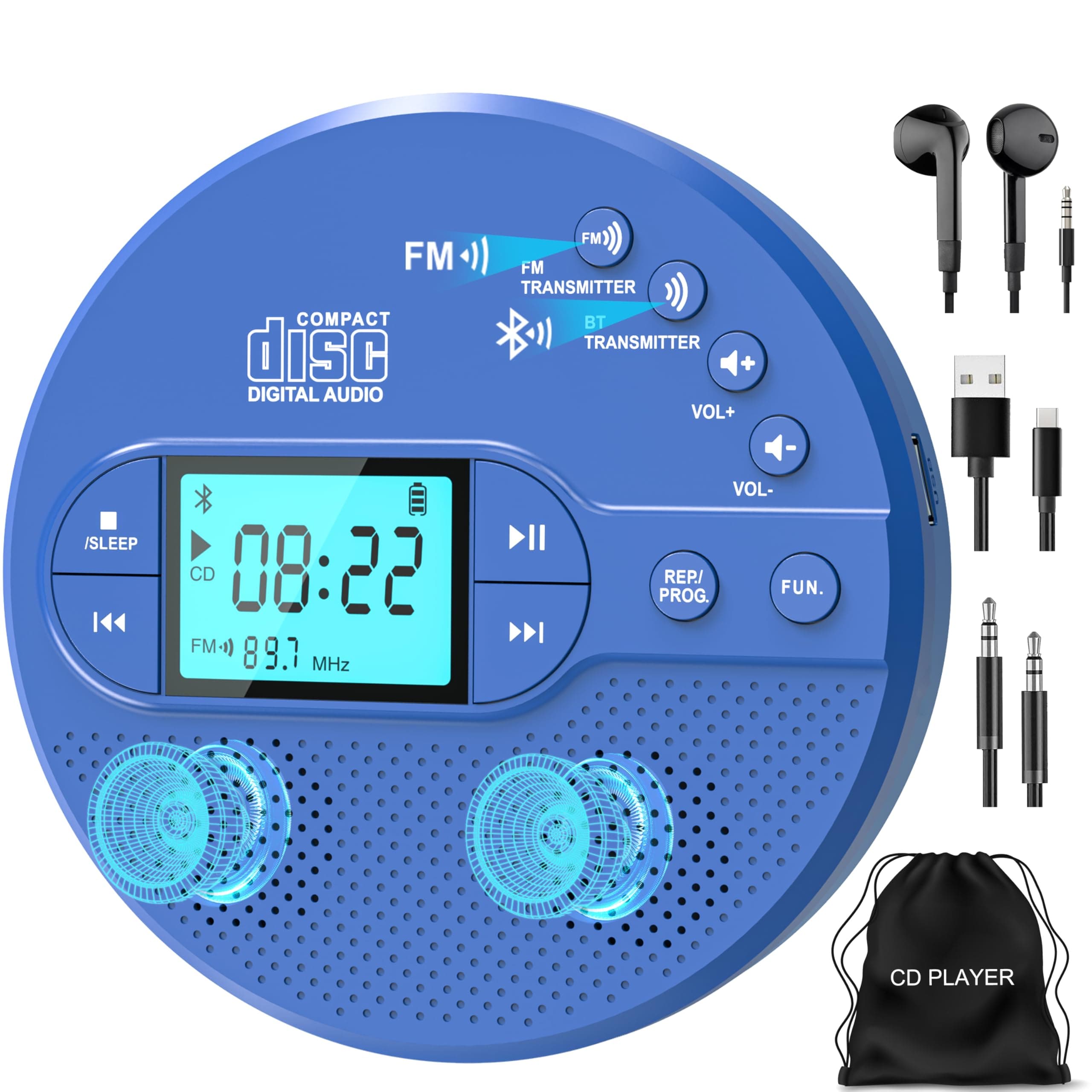 Portable CD Player with Bluetooth, Disman CD Player for Car with FM Transmitter, Rechargeable Personal cd Player with Anti-Skip Protection, Headphones, AUX/USB Supported, LCD(Blue)