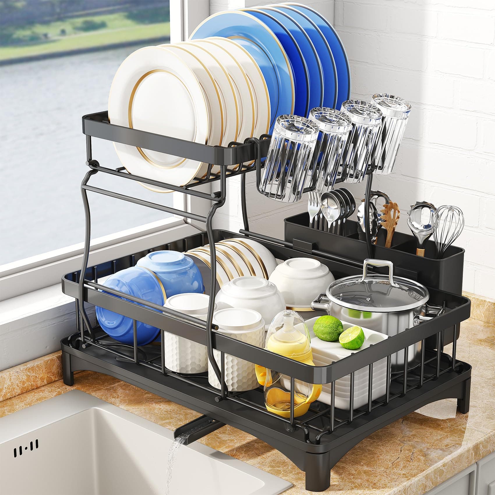 SAYZH Dish Drainer Rack, Detachable 2 Tier Dish Draining Rack and Drain board Set, Large Capacity Dish Drainer Organizer Shelf with Utensil Holder, Cup Rack for Kitchen Counter, Black