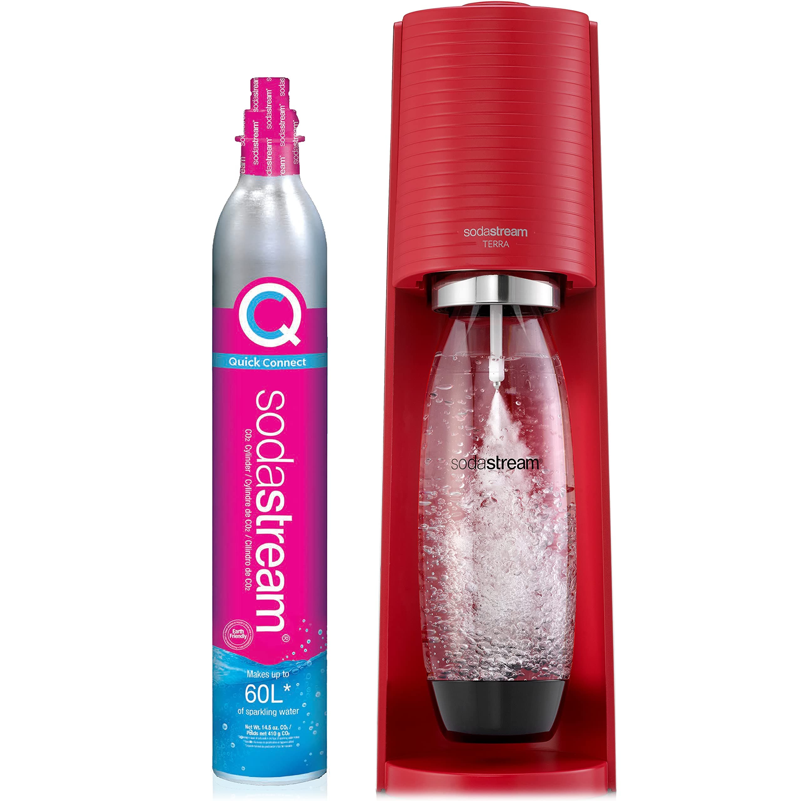Terra Sparkling Water Maker (Red) with CO2 and Dishwasher Safe Bottle