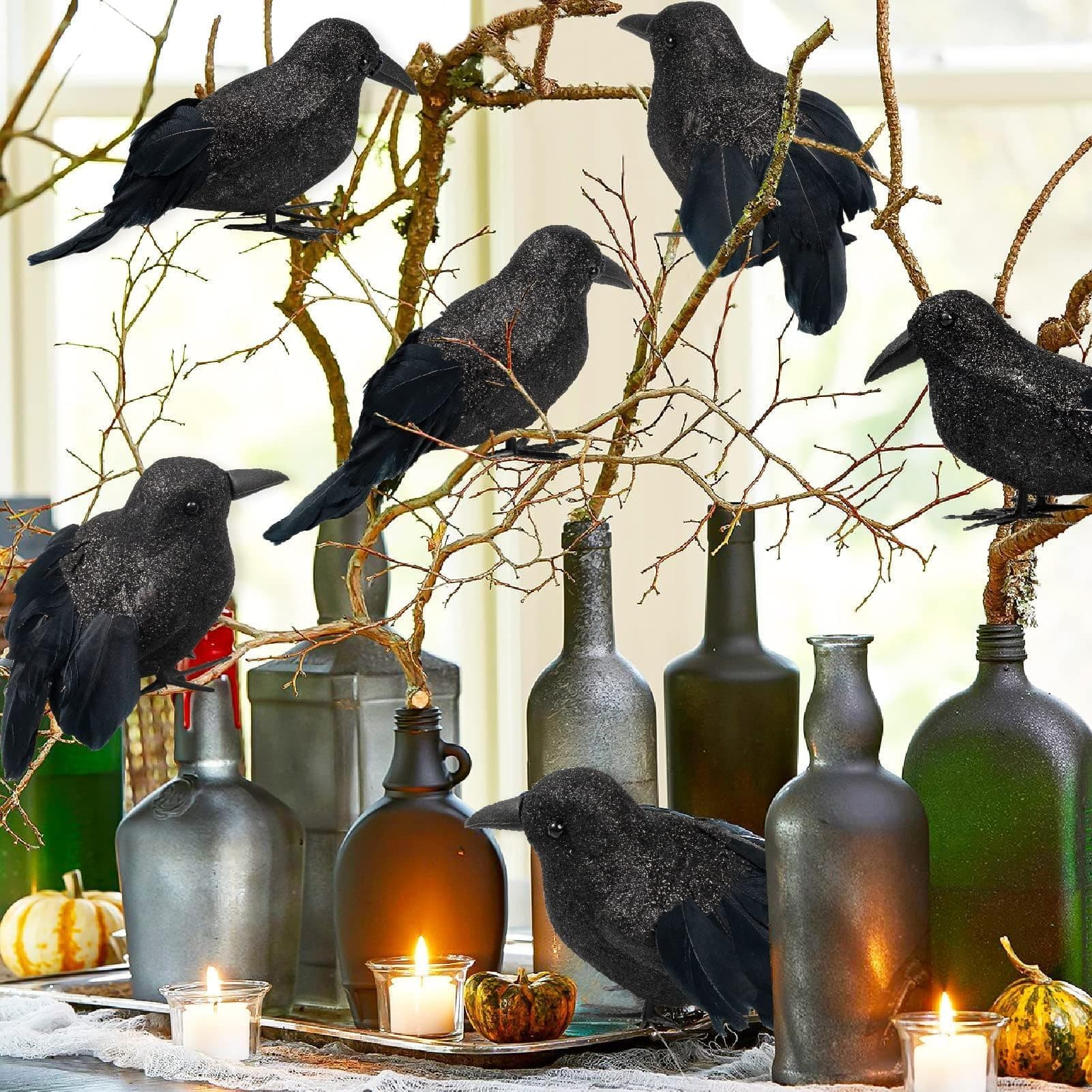 kockuu Crows Halloween Decorations - 6Pcs Halloween Crows Raven Black Birds Glitter Feathered Decor for Halloween Home Tree Garden Yard Indoor Outdoor Decorations