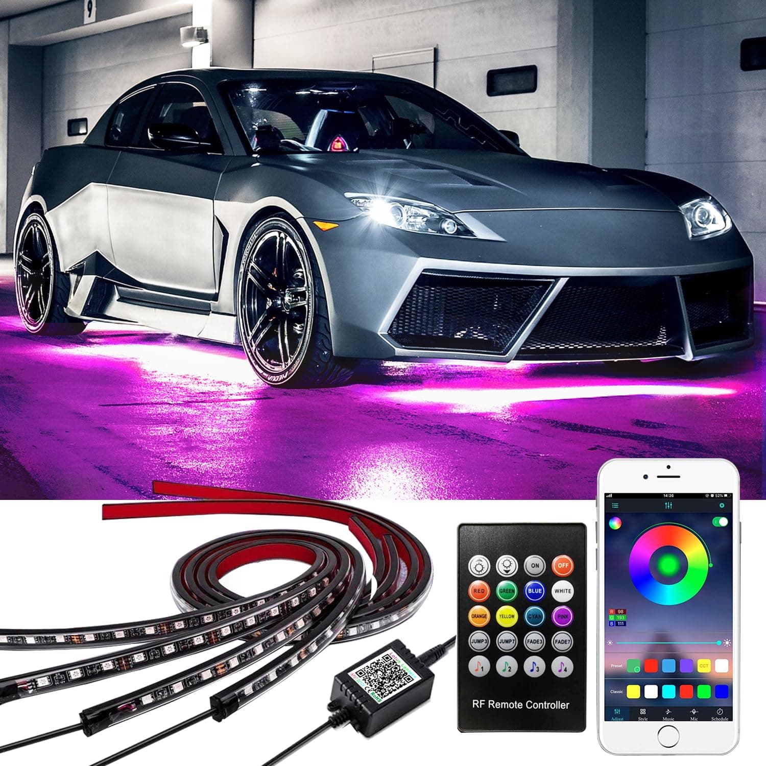 Smart RGB Car Underglow Kit with App & RF Remote - IP67 Waterproof, 16 Million Color LED Light Strips, Music Sync, Universal Fit for All Cars, Trucks, Vans - 12V DC Exterior Lighting