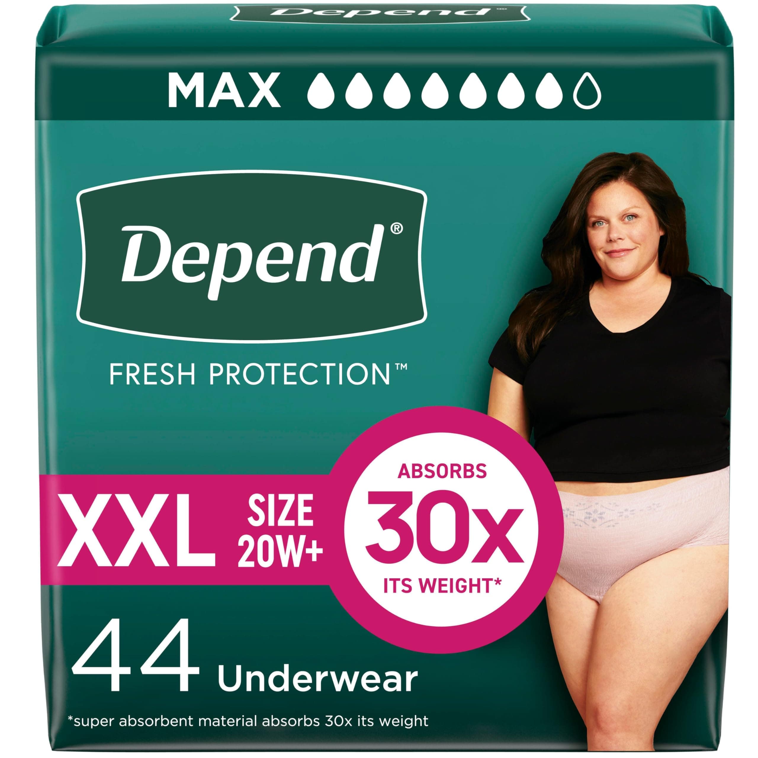 Depend FIT-Flex Incontinence Underwear for Women, Disposable, Maximum Absorbency, XXL, Blush, 44 Count (2 Packs of 22) (Packaging May Vary)