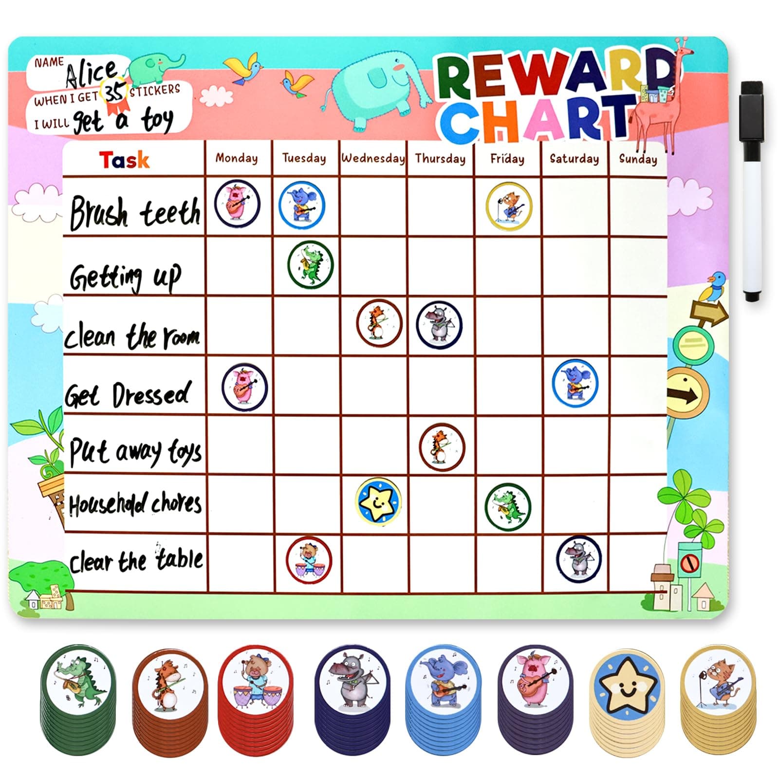Behavior Reward Chart, Magnetic Chore Chart for Kids, 72 Cute Animals Theme Magnetic Stickers to Motivate Responsibility & Good Habits for Potty Training, Ideal Gift.