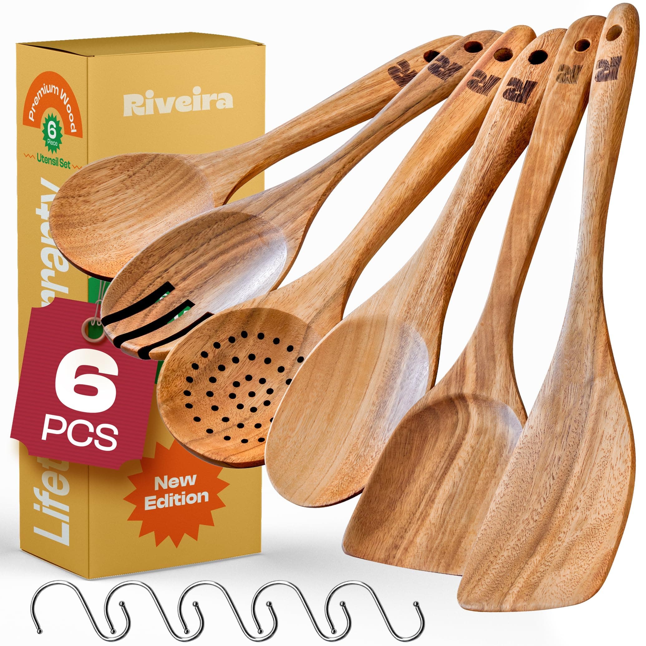 Riveira's 6-Piece Kitchen Essentials - Wooden Spoons for Cooking and Comprehensive Cooking Utensils Set