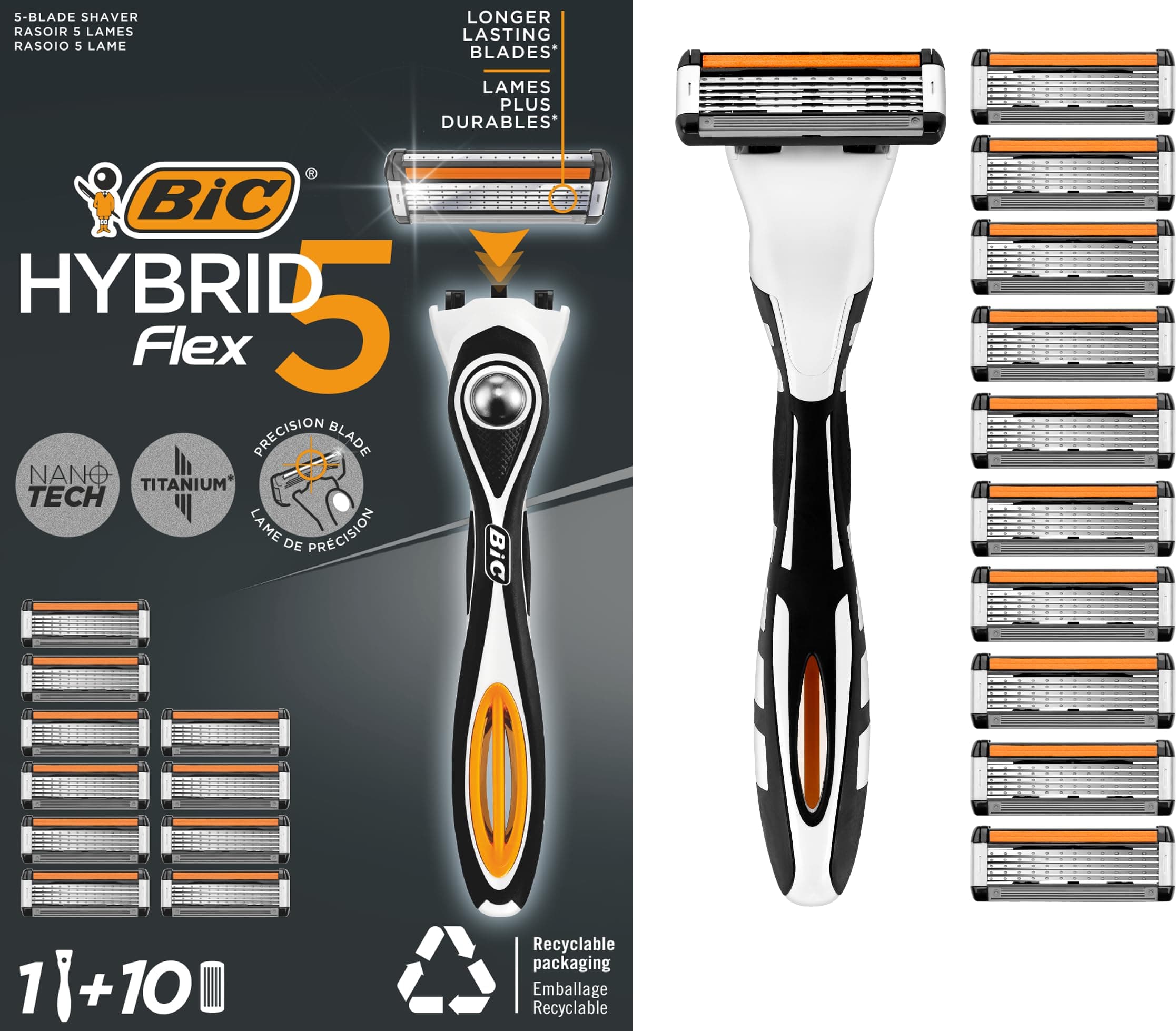 Hybrid 5 Flex Refillable Men's Razor, 1 Weighted Handle and 10 Nano-Tech Titanium 5-Blade Refills with Precision Blade - Bundle of 1+10