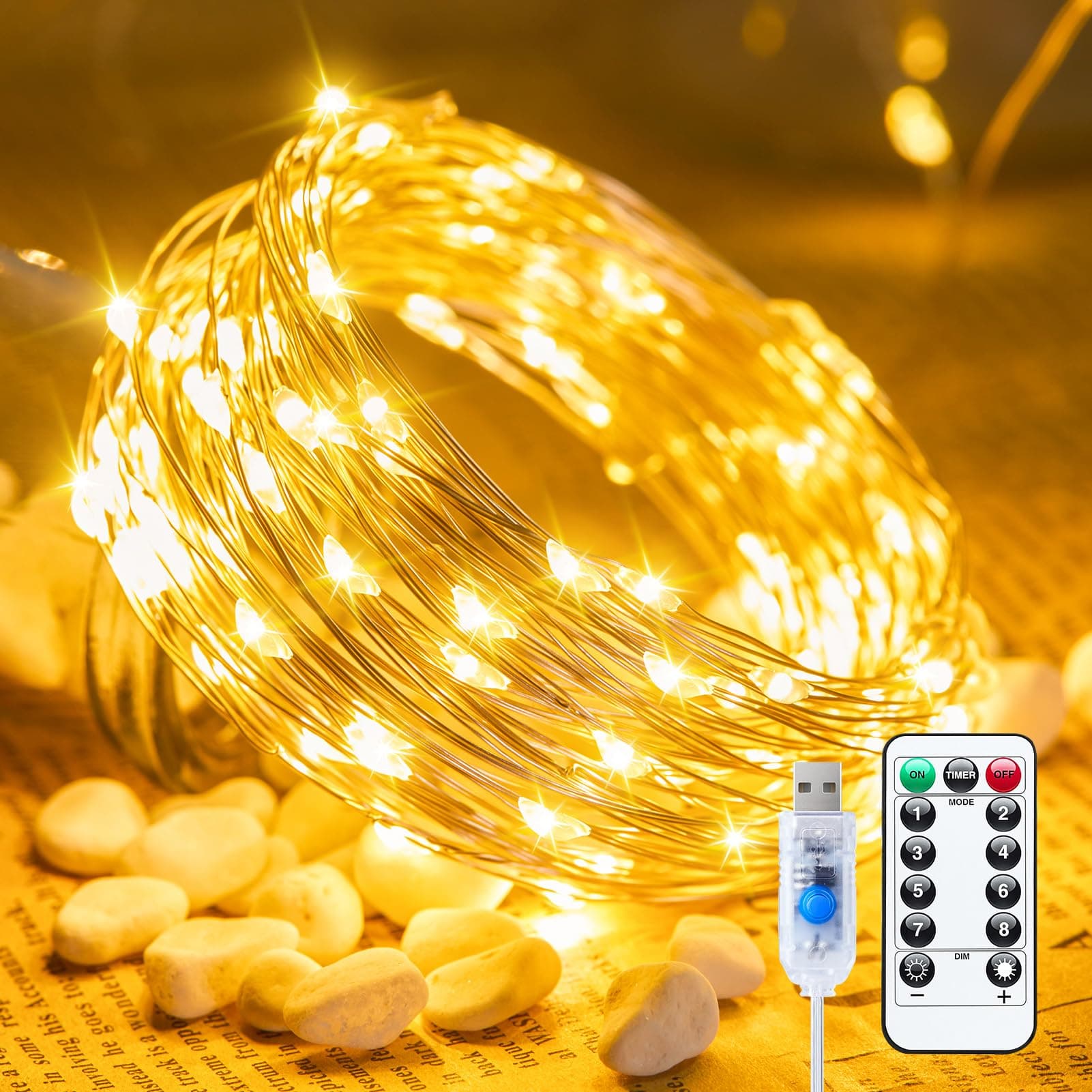 Minetom Twinkle Fairy Lights, 33 ft 100 LED USB Plug in String Lights with Remote and Timer, Waterproof 8 Modes for Bedroom Indoor Wreath DIY Party Wedding Holiday Christmas Ramadan Decorations