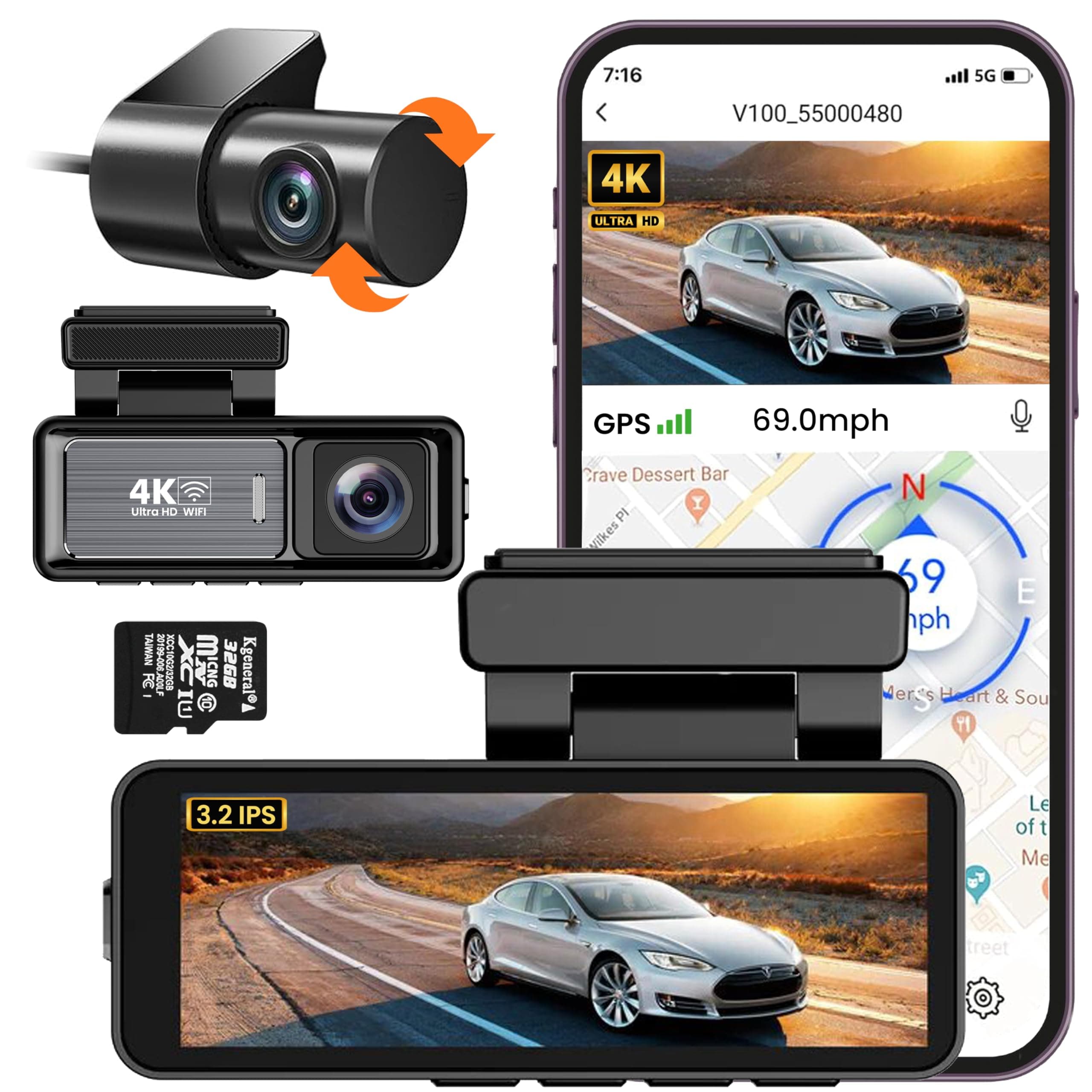 4K Dash Cam Front and Rear,3.2 Inch, 32GB Card, Car Dash Camera Built-in WiFi GPS, UHD 1080P Night Vision, WDR, Parking Monitor 4k