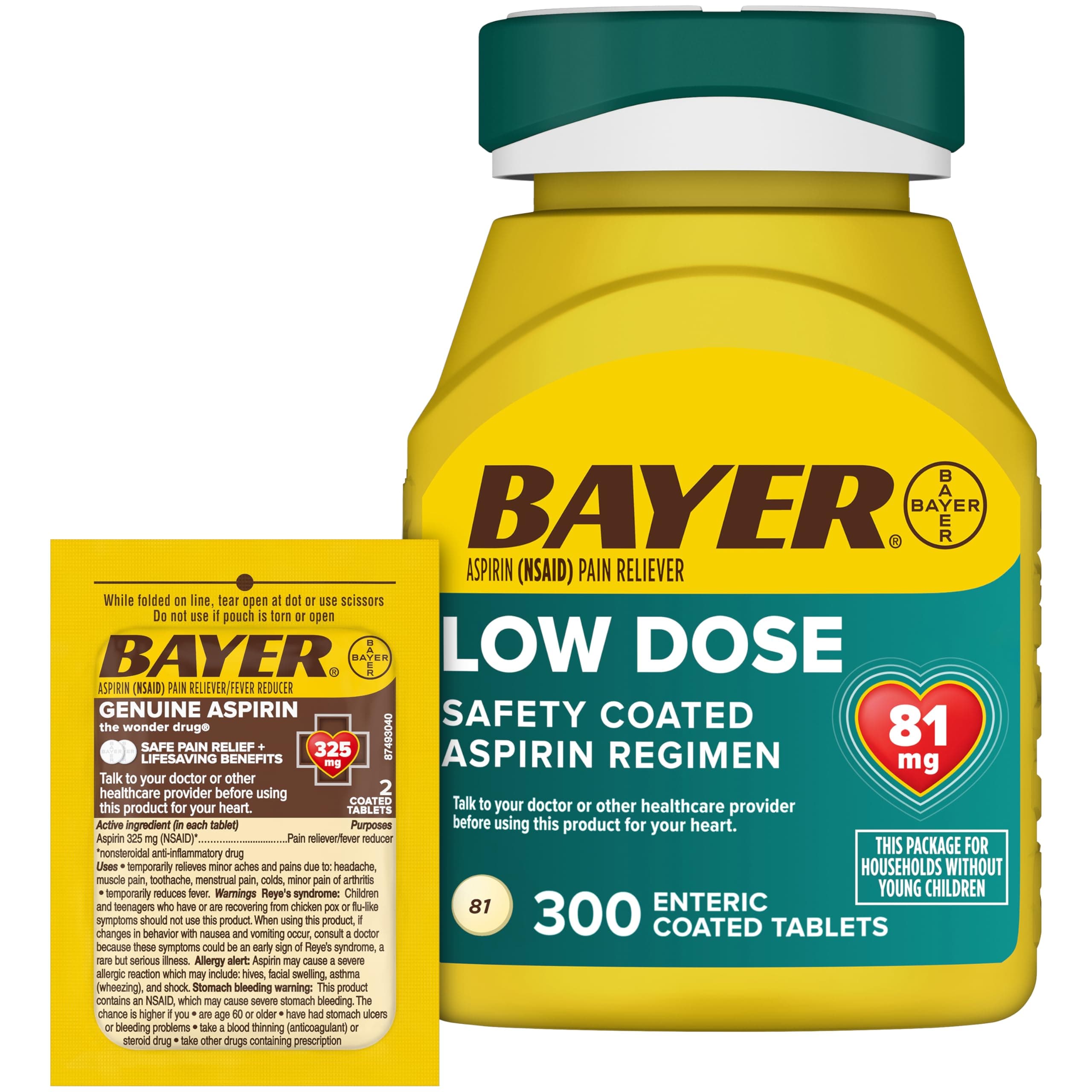 Aspirin 81mg Enteric Coated Tablets 300ct and 2 Count Travel Pack of Genuine Aspirin 325mg Coated Tablets