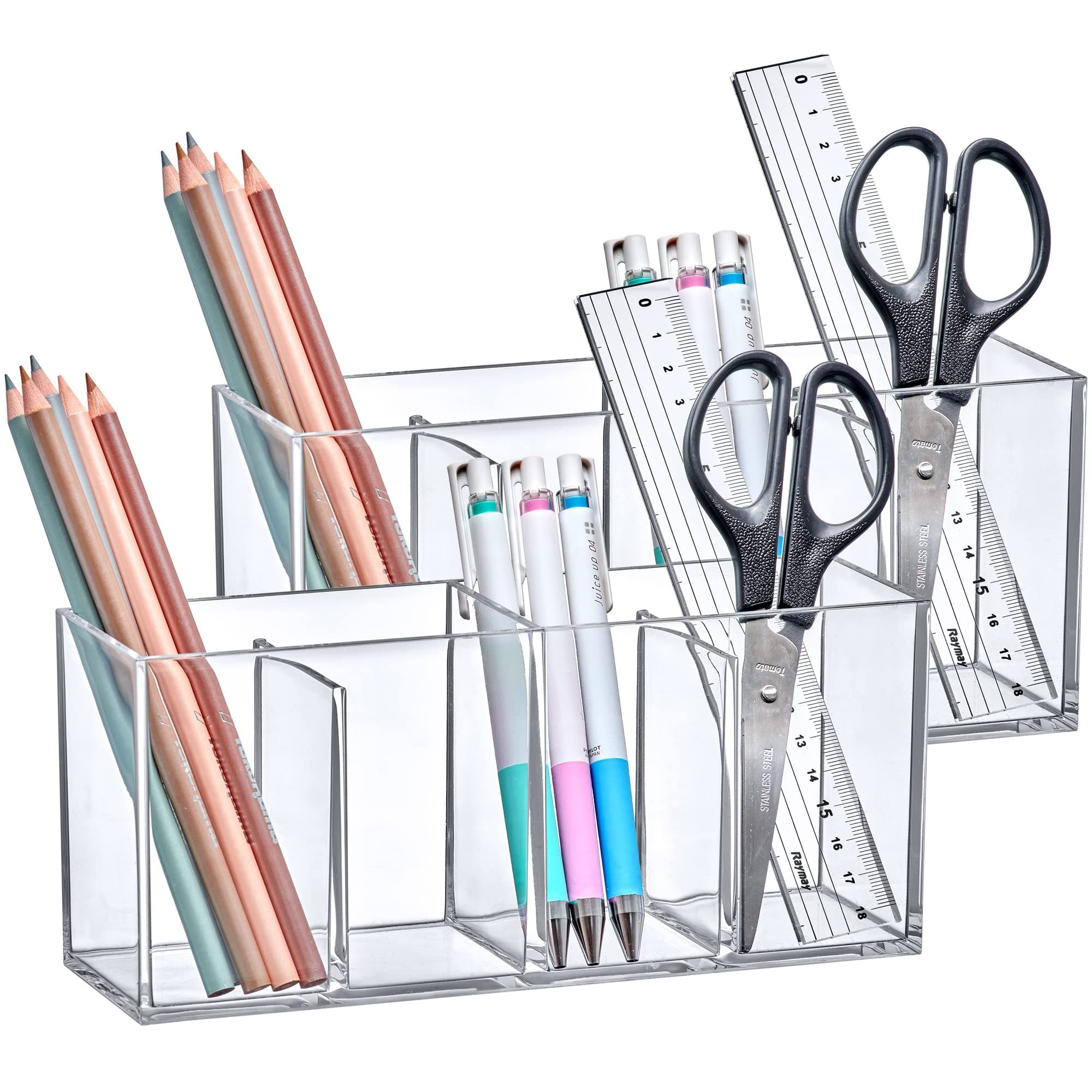 Amazing Abby - Glamour - 2-Pack Acrylic 4-Compartment Makeup Organizer, Transparent Plastic Makeup Brush Holder, Perfect Bathroom Vanity Storage Solution for Makeup Brushes, Eyebrow Pencils, and More