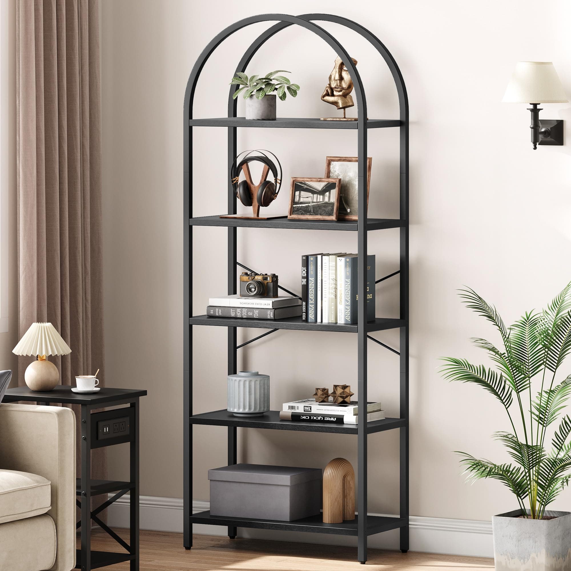 IDEALHOUSE Bookshelf 5 Tier Bookcase Arched Display Racks Tall Standing Bookshelves Metal Frame Modern Storage Rack Shelf Large Wood Book Shelf for Bedroom, Living Room, Home Office (Black)