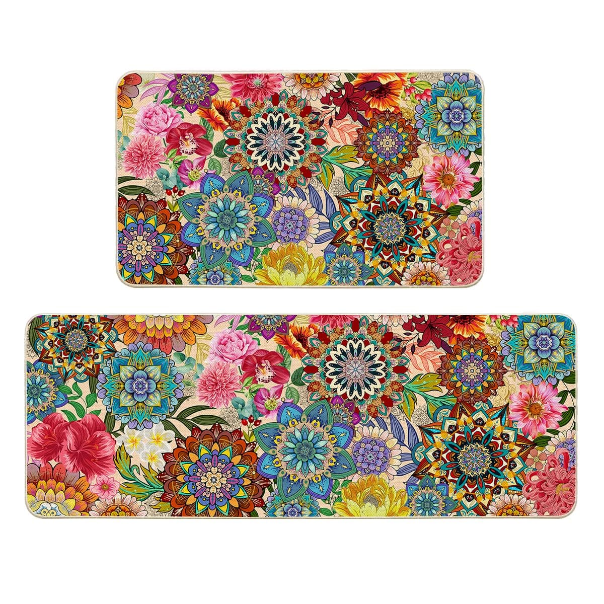 Boho Floral Kitchen Rug Set of 2, Mandala Front Floor Door Mats,Non Slip Washable Comfort for Farmhouse Sink Home Indoor Outdoor Kitchen Decor Colorful Flowers Kitchen Mat, 17"x29"+17"x47"