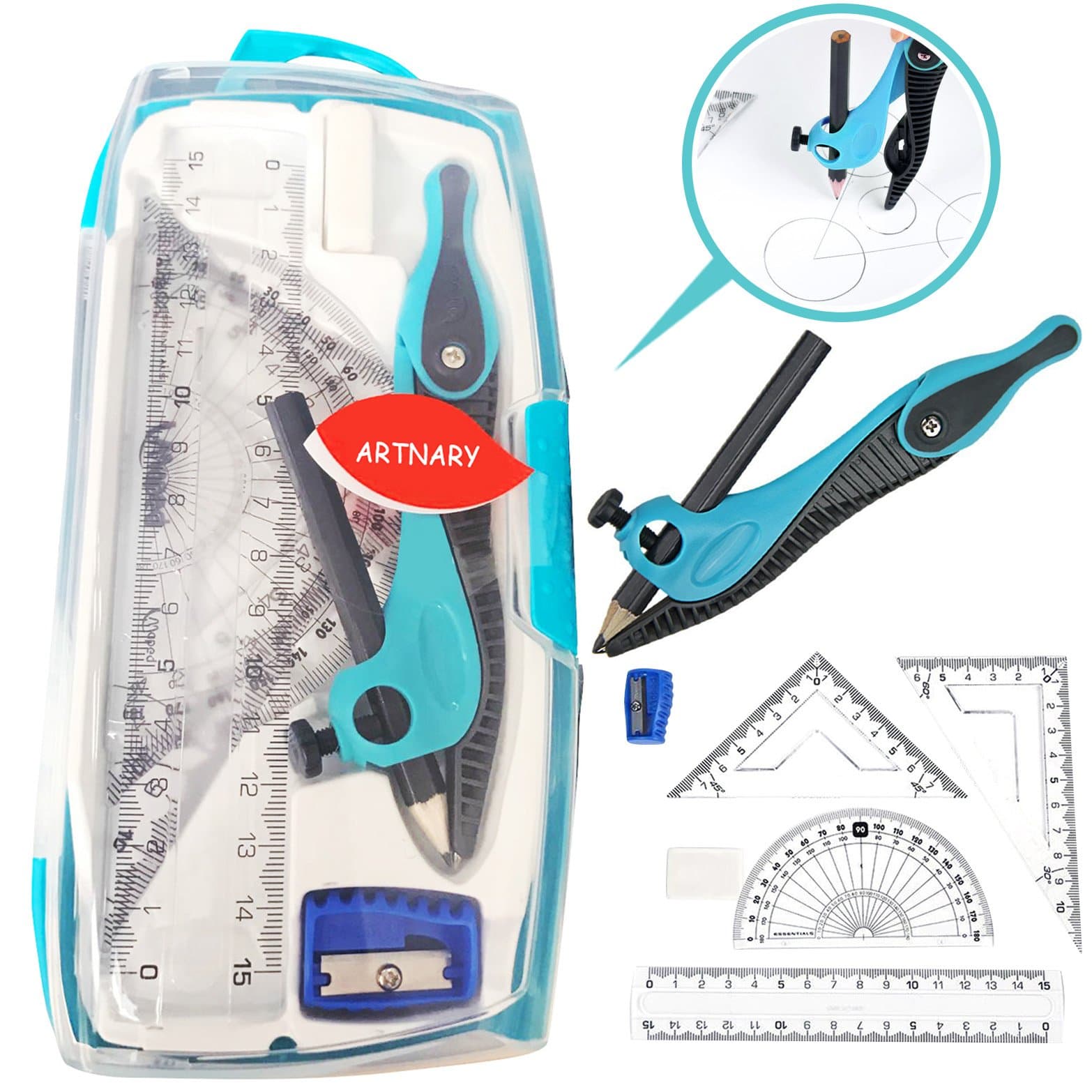 ARTNARY Non-slip Pencil Compass Set With Protractor For Students Math Geometry Design Measurement Drafting Drawing Tools, Kits of 8