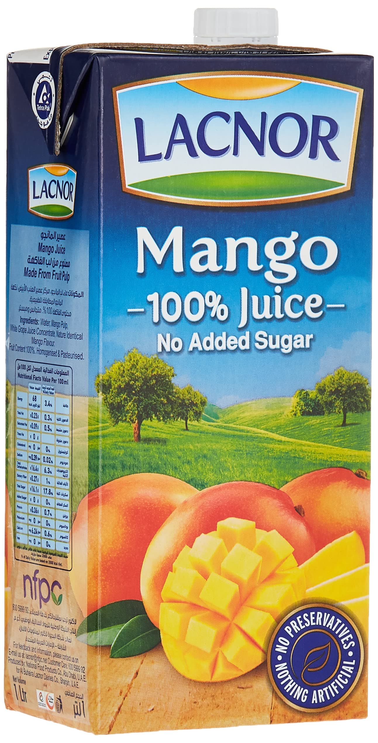 Lacnor Essentials Mango 100% Juice, No Added Sugar, 1L Pack Of 12