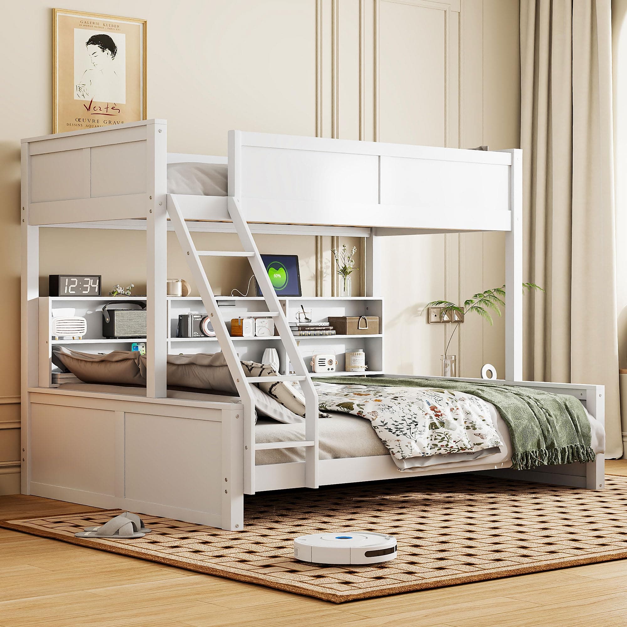 Twin XL Over Queen Bunk Bed with Storage Shelves, Solid Wood Queen Bunk Bed with Storage Cabinets and USB Ports for Kids Teens Adults, Safety Guardrail, No Box Spring Needed, Antique White