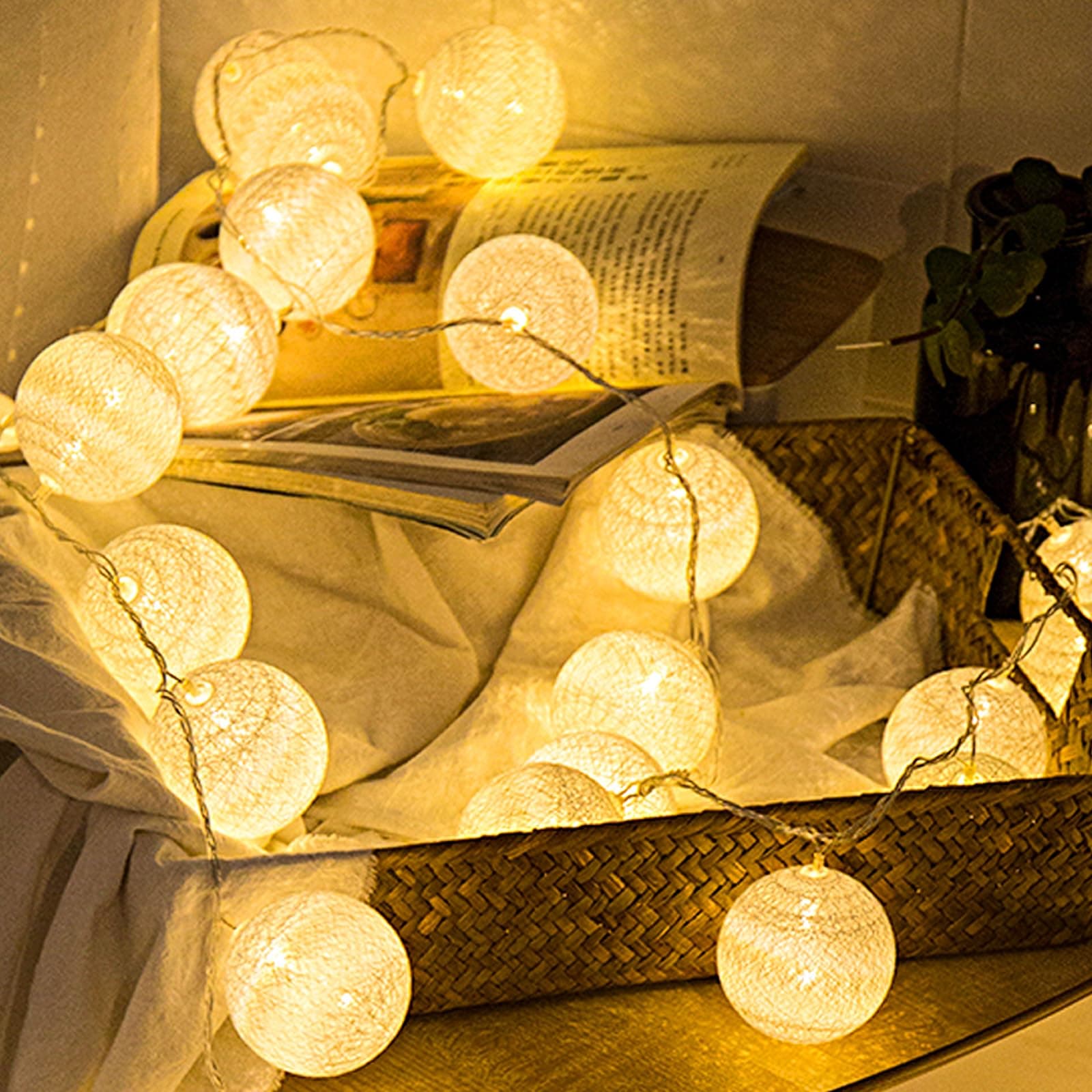 Anordsem 2 Pack Cotton Balls String Lights, Battery Operated 10 LED Hanging Lights for Bedroom, L: 2.15M/6.56ft Warm White Snowball Fairy Lights for Indoor Room, Party, Wedding, Christmas Decor