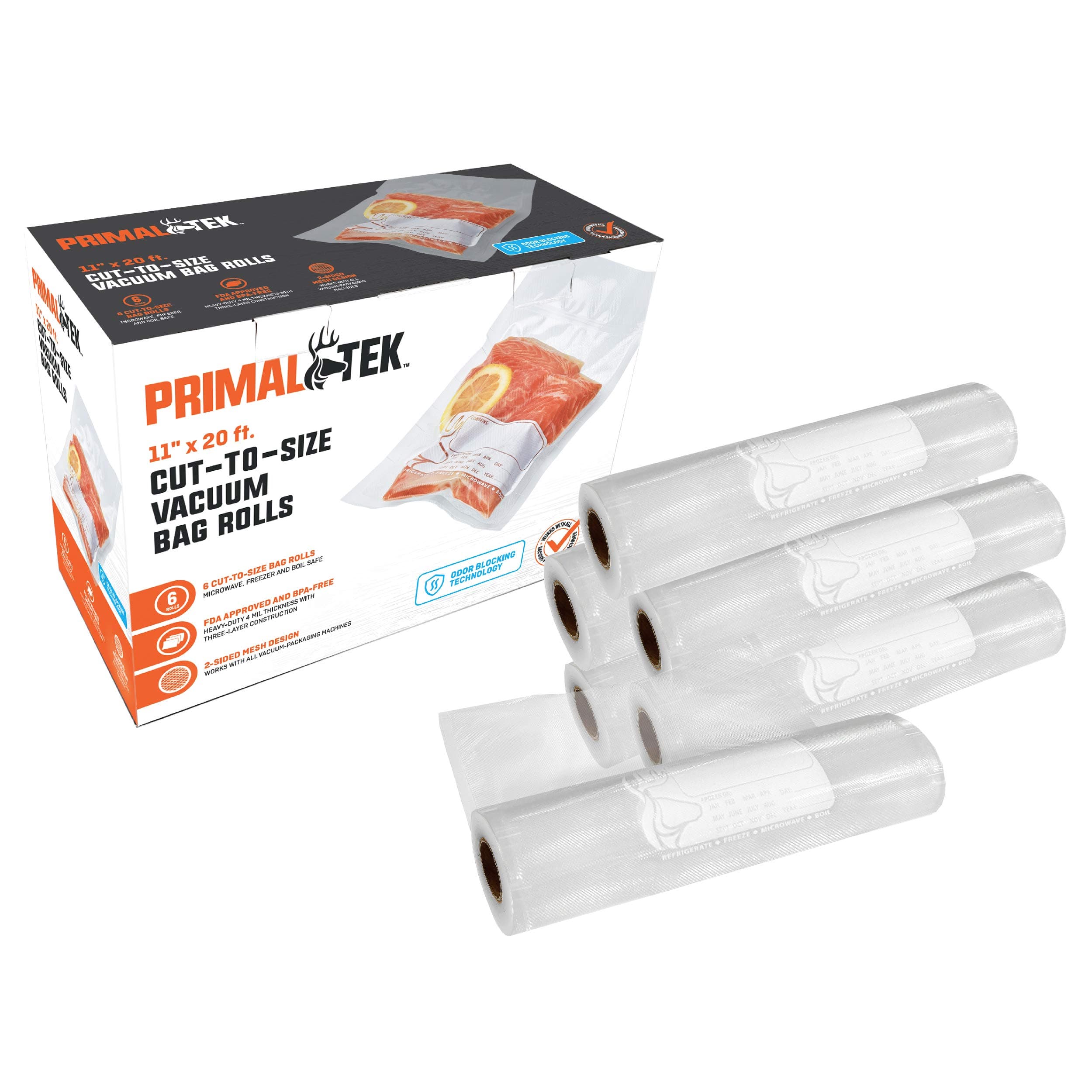 PrimalTek Cut-to-Size Vaccuum Bag Rolls - User Friendly for Food Savers – Microwave, Freezer and Boil Safe, BPA-Free, Compatible with Most Vacuum Seal Machines (11” x 20' (6 Rolls))