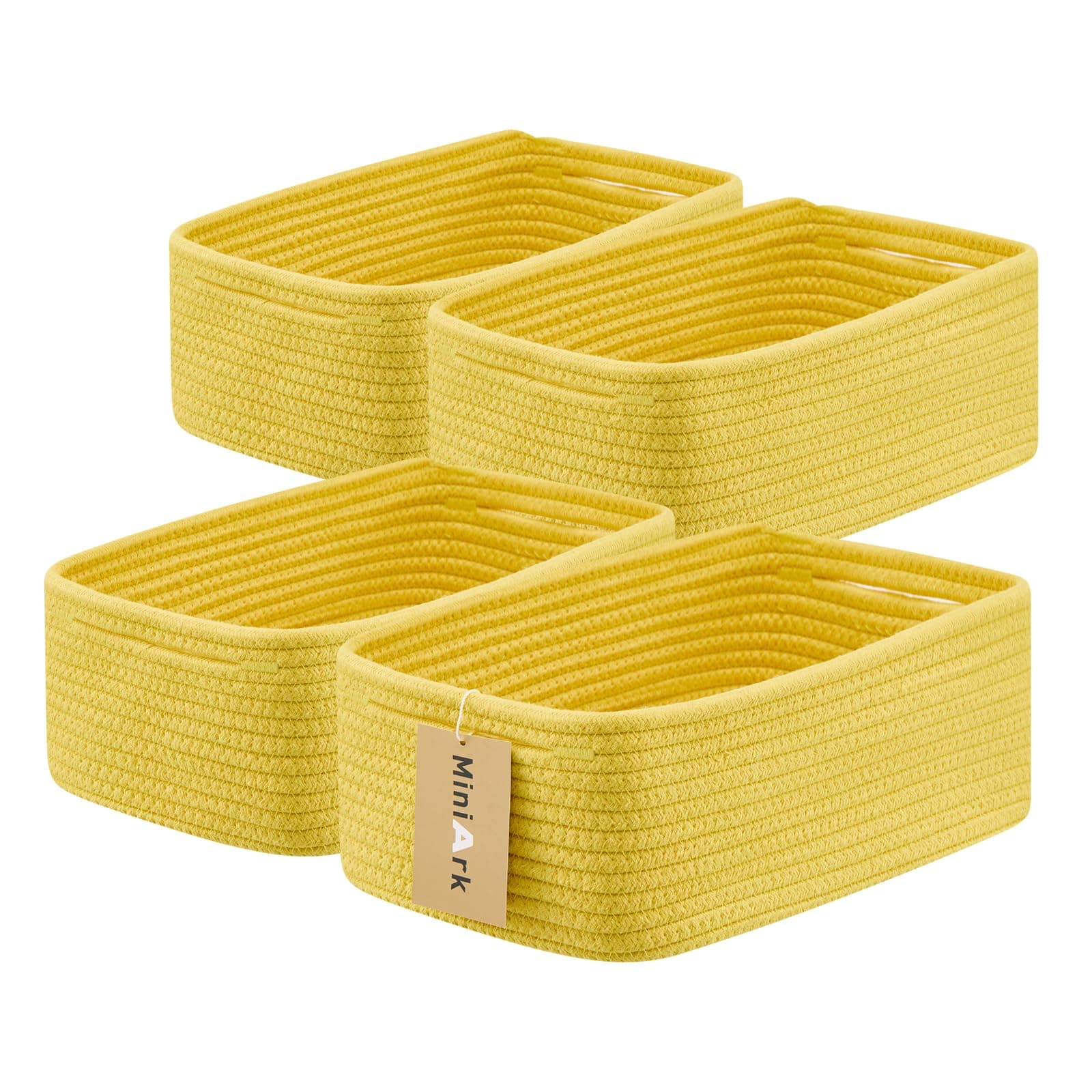 Small Storage Baskets for Organizing | Closet Organizer Bins | Shelf Toy Basket | Woven Rope Baskets | Cube Decorative Box | Shallow Basket | 13x8.5x5.1” | 4 Packs Yellow
