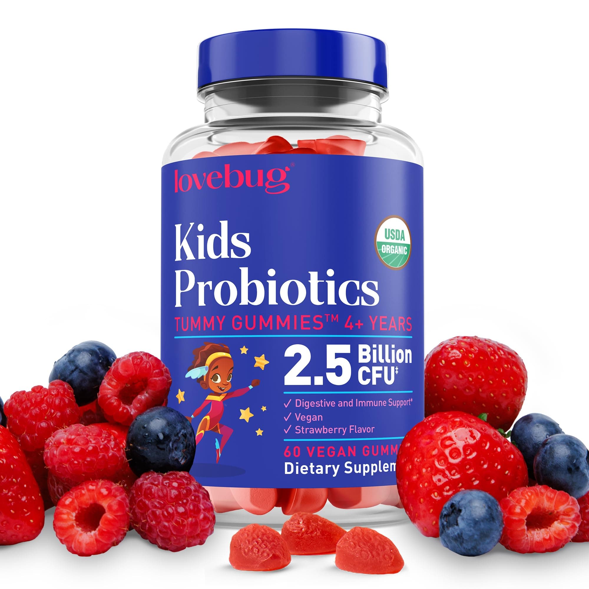 LoveBug Probiotics Organic Kids 60 Gummies – 2.5 Billion CFU with DE 111 – USDA Organic, Allergen-Free, Non-GMO, Vegan