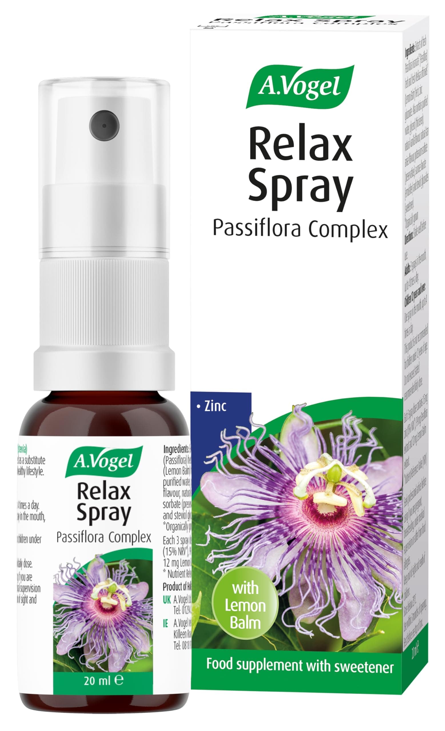 A.Vogel Relax Spray Passiflora Complex | Passiflora Supports Relaxation | Extracts of Passion Flower, Lemon Balm & Zinc, which Protects Cells from Oxidative Stress | 20ml