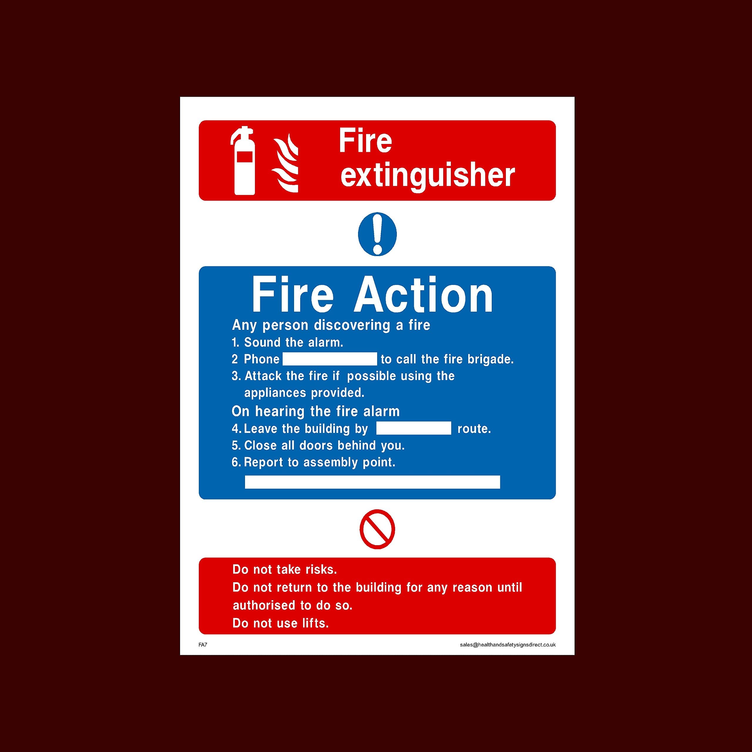 Fire Action Fire Extinguisher Plastic Sign with 4 Pre-Drilled Holes (FA7) - Fire, Assembly Point, Break Glass, Lift, Alarm, Extinguisher