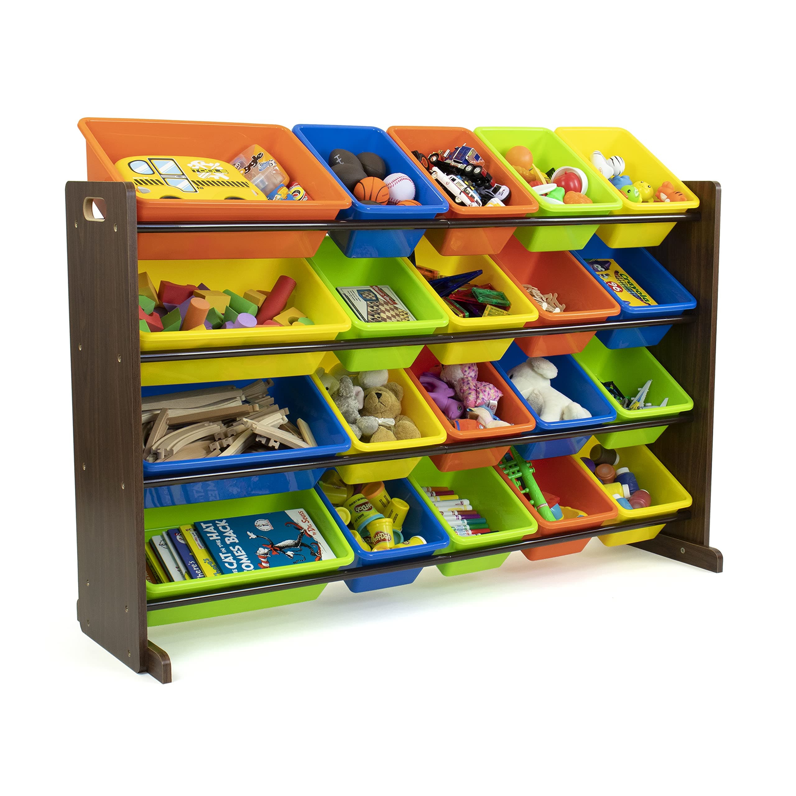 Extra-Large Toy Organizer with 20 Plastic Bins – Dark Walnut/Neon Storage Rack with 4-Tier Shelves, Anti-Tip Safety, for Kids’ Rooms, Playrooms, Nurseries & Classrooms