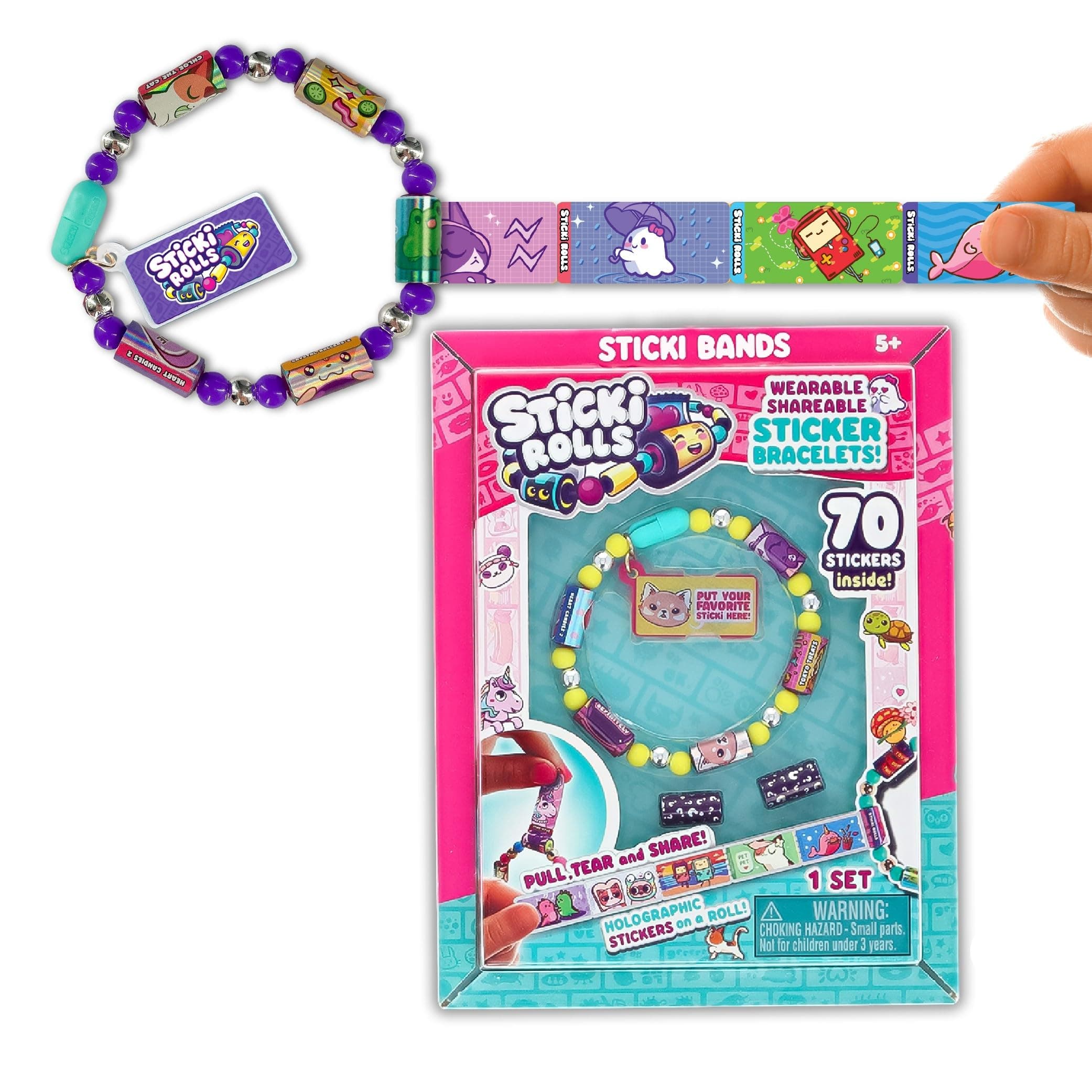Sky Castle Sticki Rolls Sticki Bands, Wearable & Shareable Sticker Bracelet, 70 Mini Stickers, Assorted colours and styles, Packaging May Vary