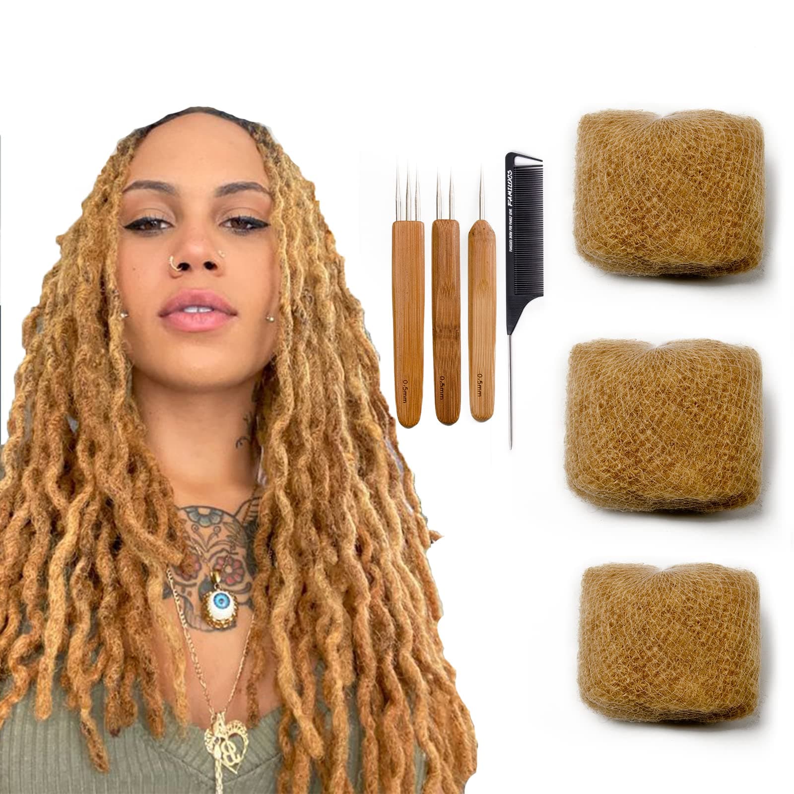 Tight Afro Kinky Bulk 100 % Human Hair for Draedlock Extensions, Repair Locs, Twists and Braids (8 Inch, #27 Honey Blonde, 3 Bundles with Crochet Needle Set and Rat Tail Comb)