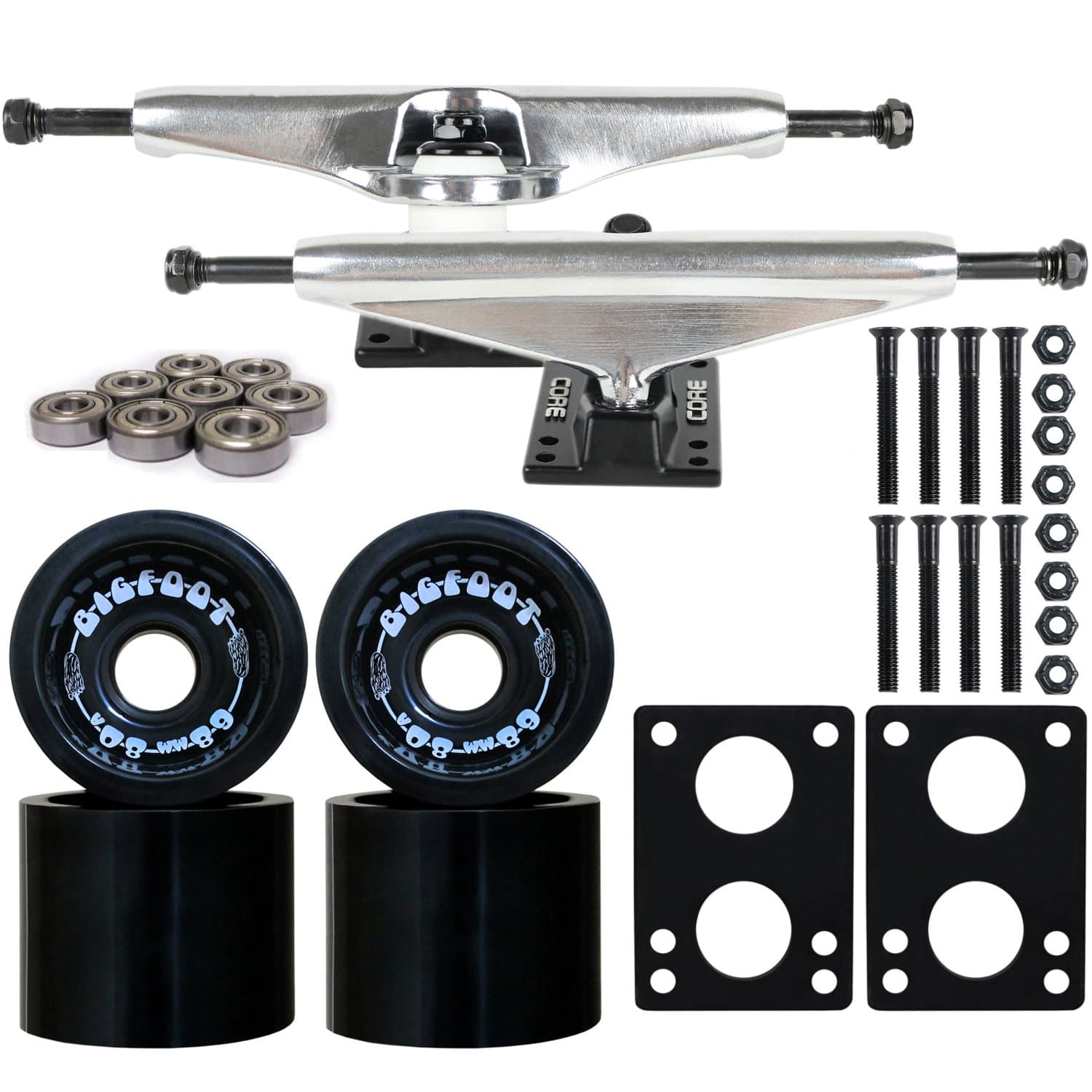 Bigfoot Longboard Skateboard Trucks Combo Set 68mm Boardwalk Wheels with Silver Trucks, Bearings, and Hardware Package (68mm Black Wheels, 6.0 (8.63") Silver Trucks)