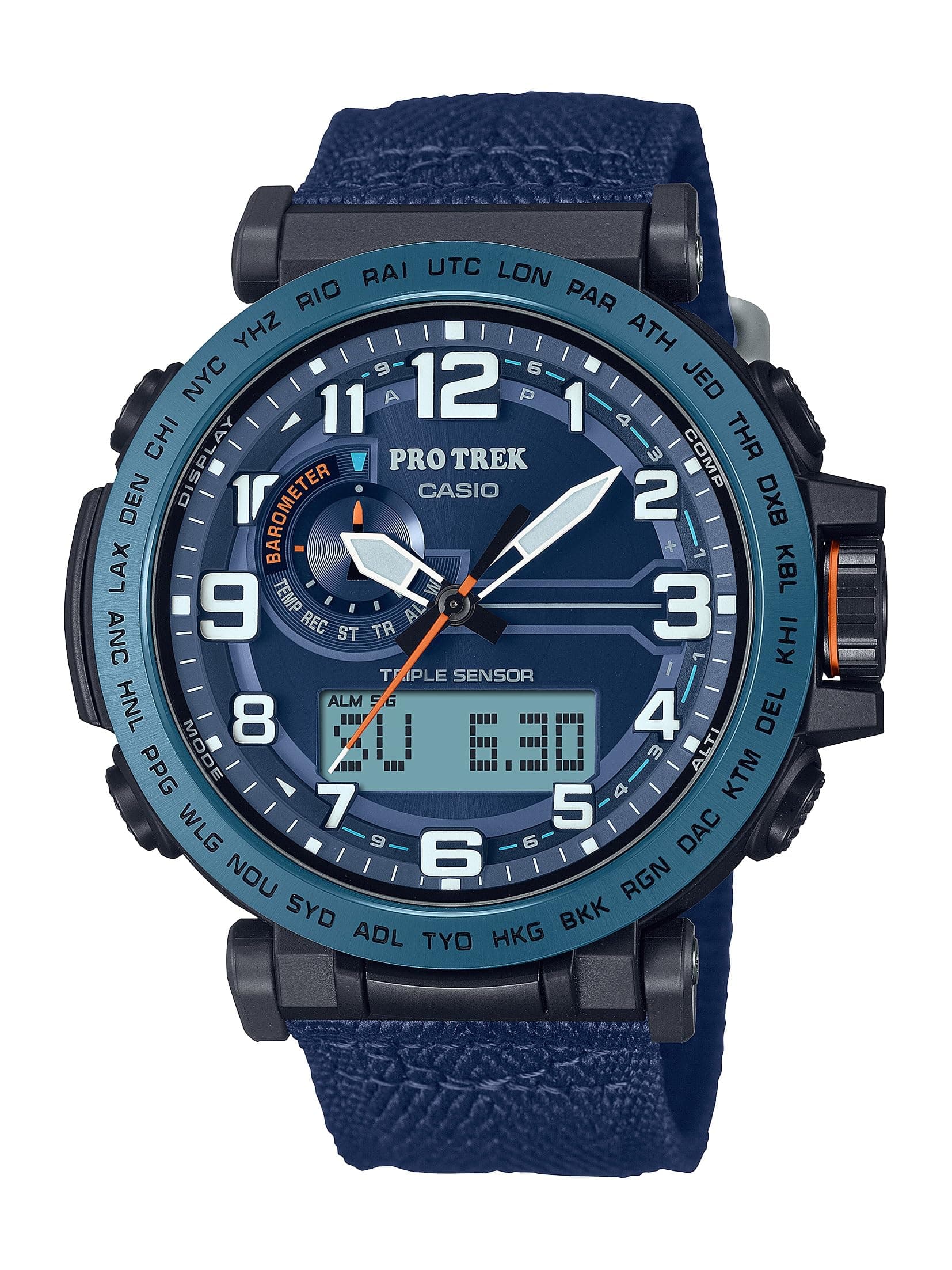 PRG601 Series | Pro Trek | 100M WR | 1/100 SEC Stop Watch | Compass/Alt/Baro-Thermo | Tough Solar Power/Atomic Timekeeping | 1-100 SEC Stopwatch | Countdown Timer | World Time