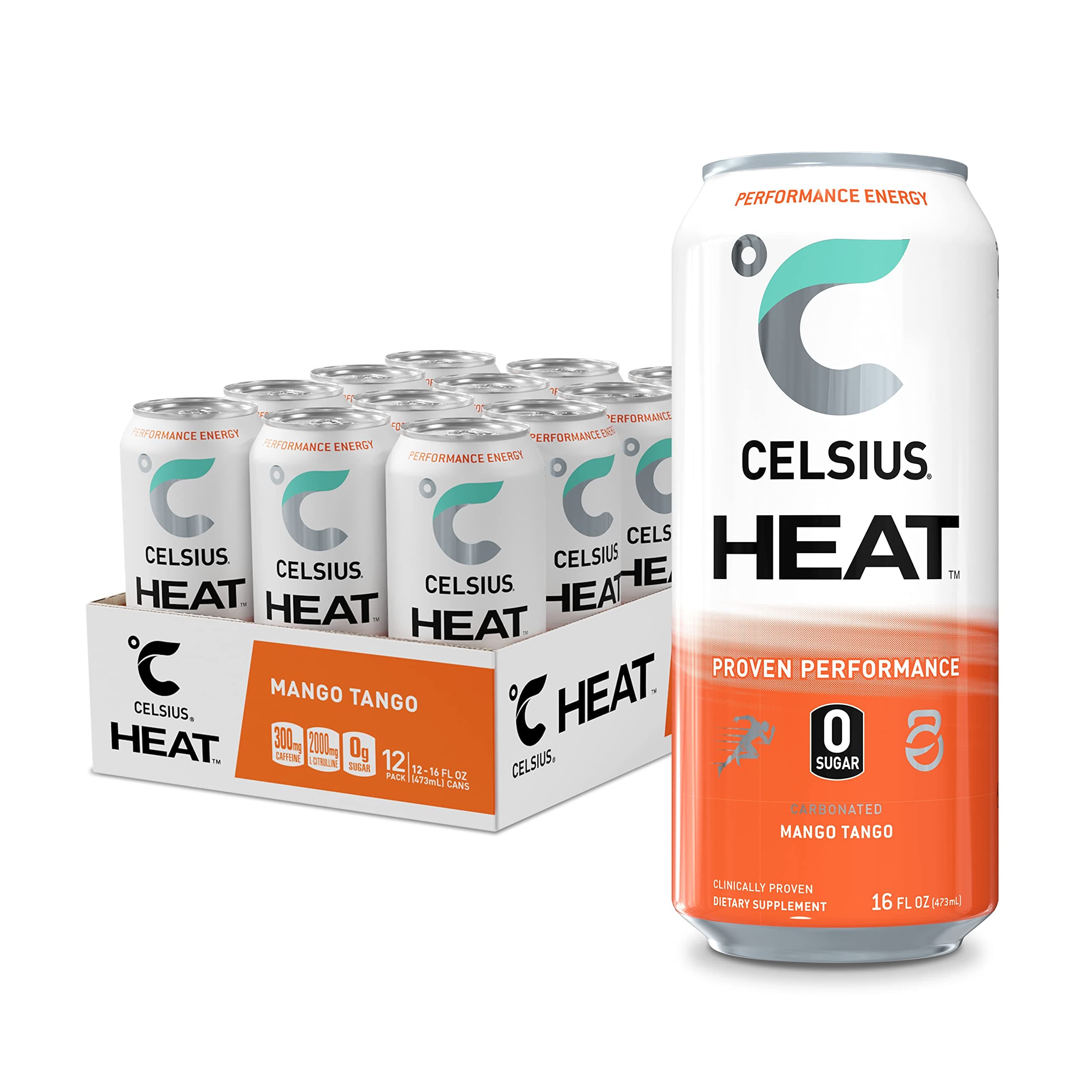 CELSIUS FGSS1252 HEAT Performance Energy Drink 16 Fl Oz, Mango Tango (Pack of 12)