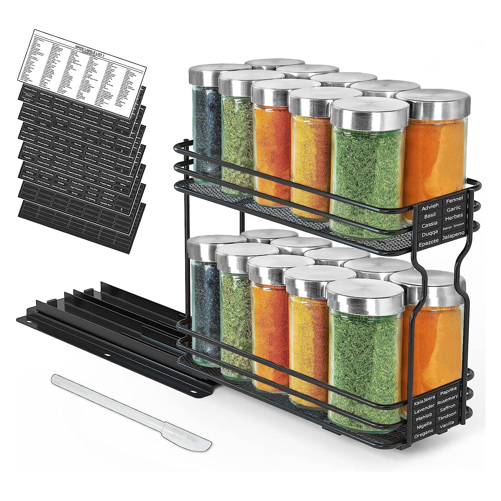 Angju Pull Out Spice Rack Organizer for Cabinet, Heavy Duty Slide Out Seasoning Kitchen Organizer, Cabinet Organizer, with Labels and Chalk Marker, 11.5cmW x27cm D x21.5cm H